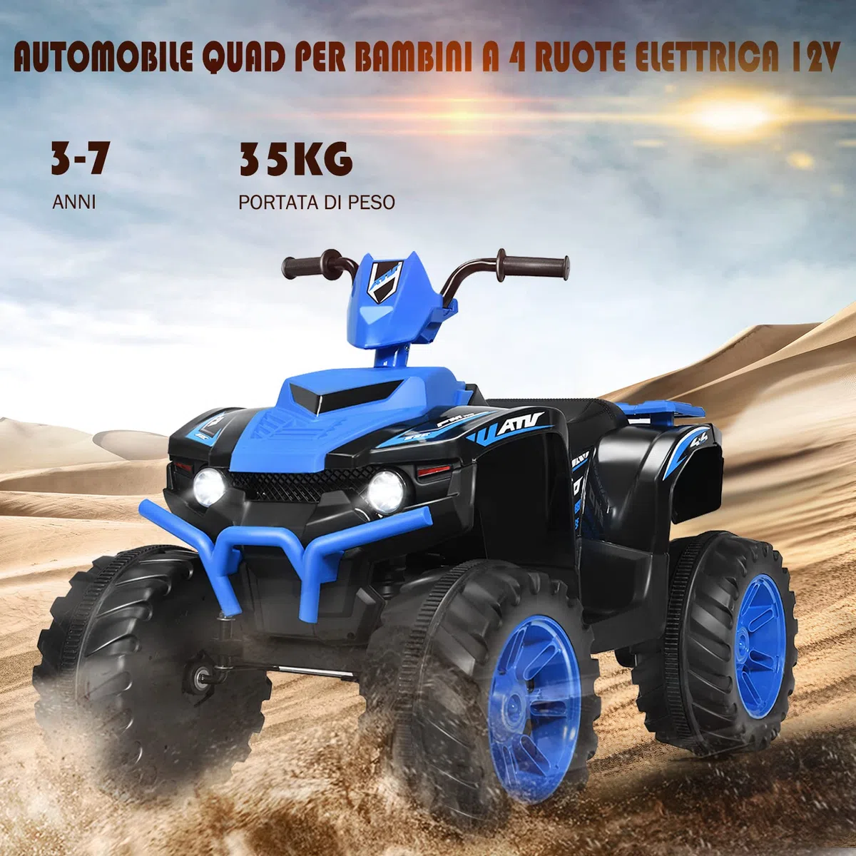 Costway 12V Quad Elettrico per Bambini, Auto Elettrica Cavalcabile con Luci LED e Musica, 5km/h, 3-7 Anni Blu