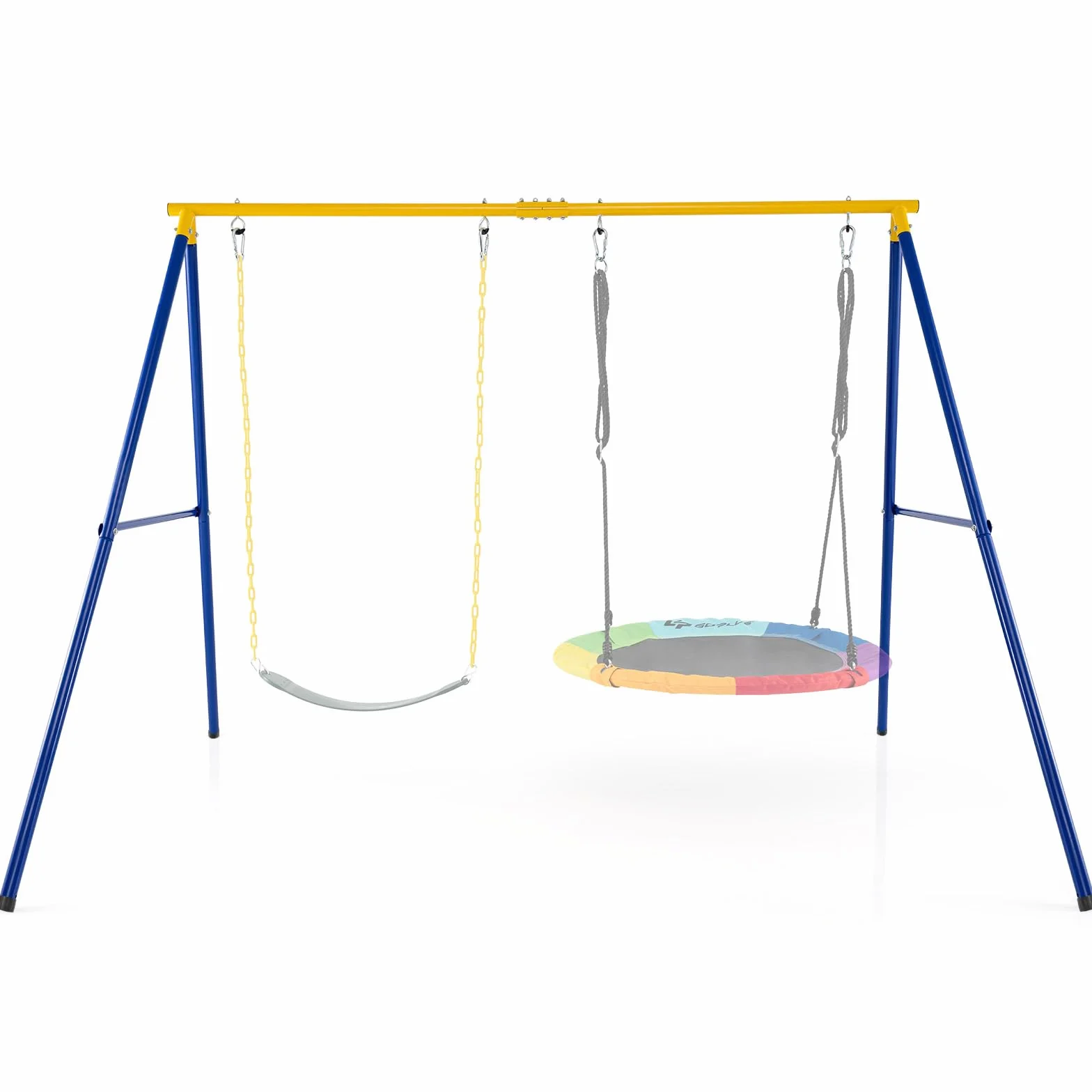 RELAX4LIFE Struttura per Altalena Doppia da Giardino con Portante 300kg, 2 Posti da Appendere, per Bambini e Adulti, Gioco Interno/Esterno, 4 Picchetti, Copripiedi e Moschettoni, Giallo e Blu