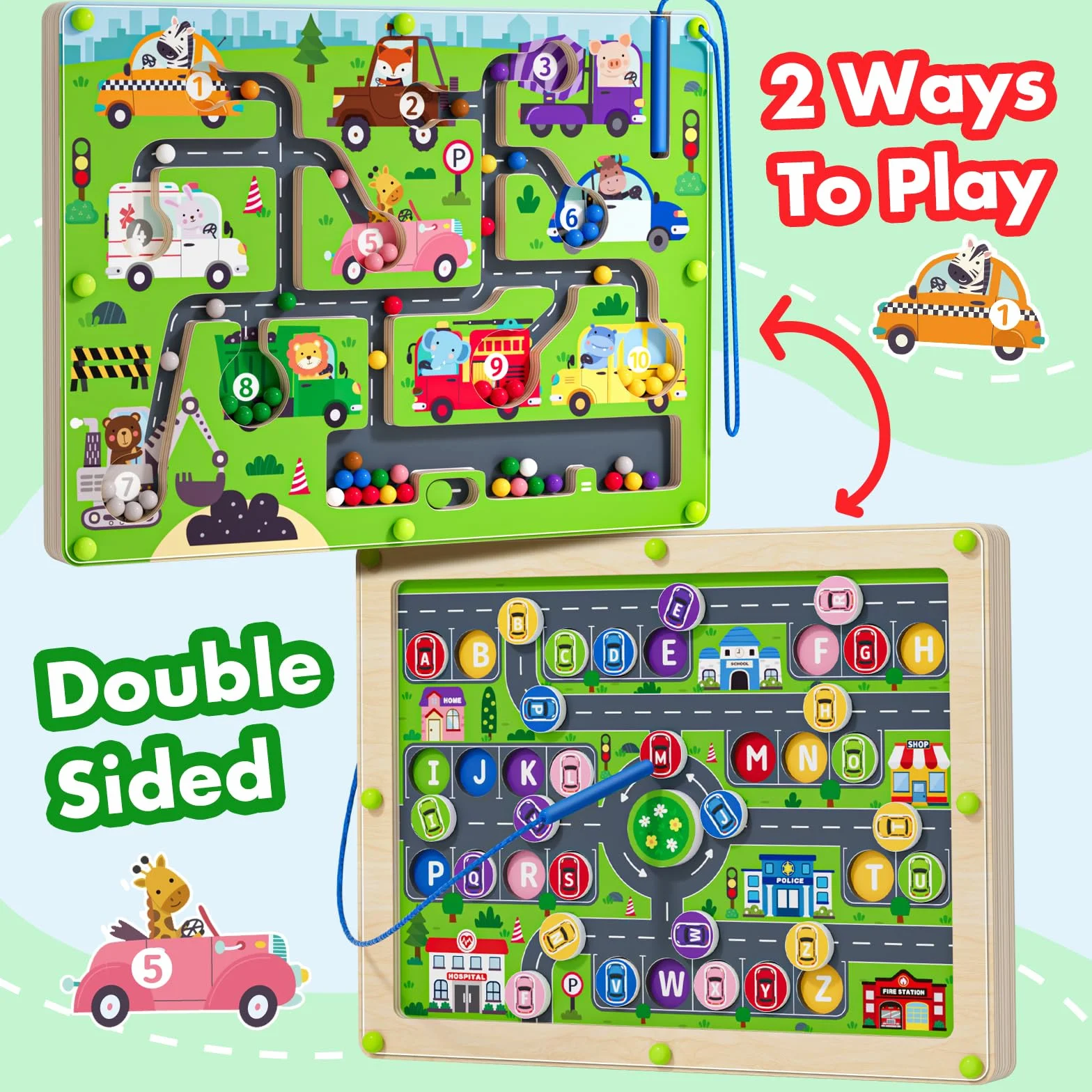 Puzzle magnetico 2 in 1 con numeri auto, labirinto magnetico, alfabeto, puzzle in legno, giocattolo prescolare, regalo per ragazzi e ragazze dai 3 ai 5 anni (autopirinto, taglia unica)