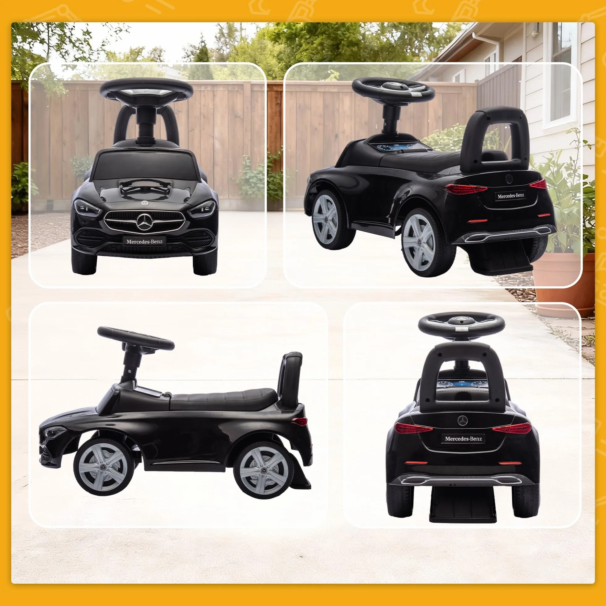 AIYAPLAY Macchina Primi Passi per Bambini Licenza Mercedes Benz con Clacson e Spazio Portaoggetti, Auto per Bambini in PP e Acciaio, 65x28x39 cm, Nero