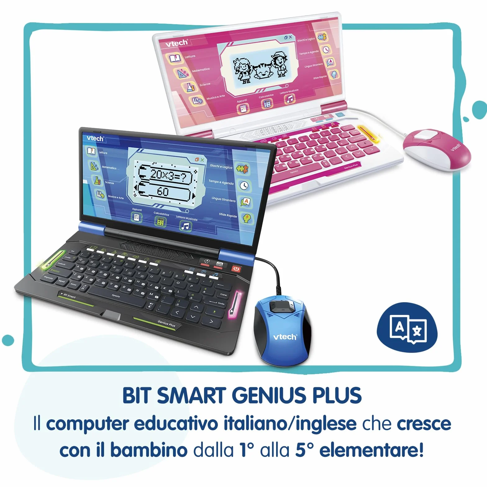 VTech Bit Smart Genius Plus Nero, Computer Interattivo Bambini, Computer con Mouse Incluso, 164 Attività, Computer Didattico Bilingue Italiano e Inglese, Tastiera QWERTY, Batterie Incluse, 6-11 Anni
