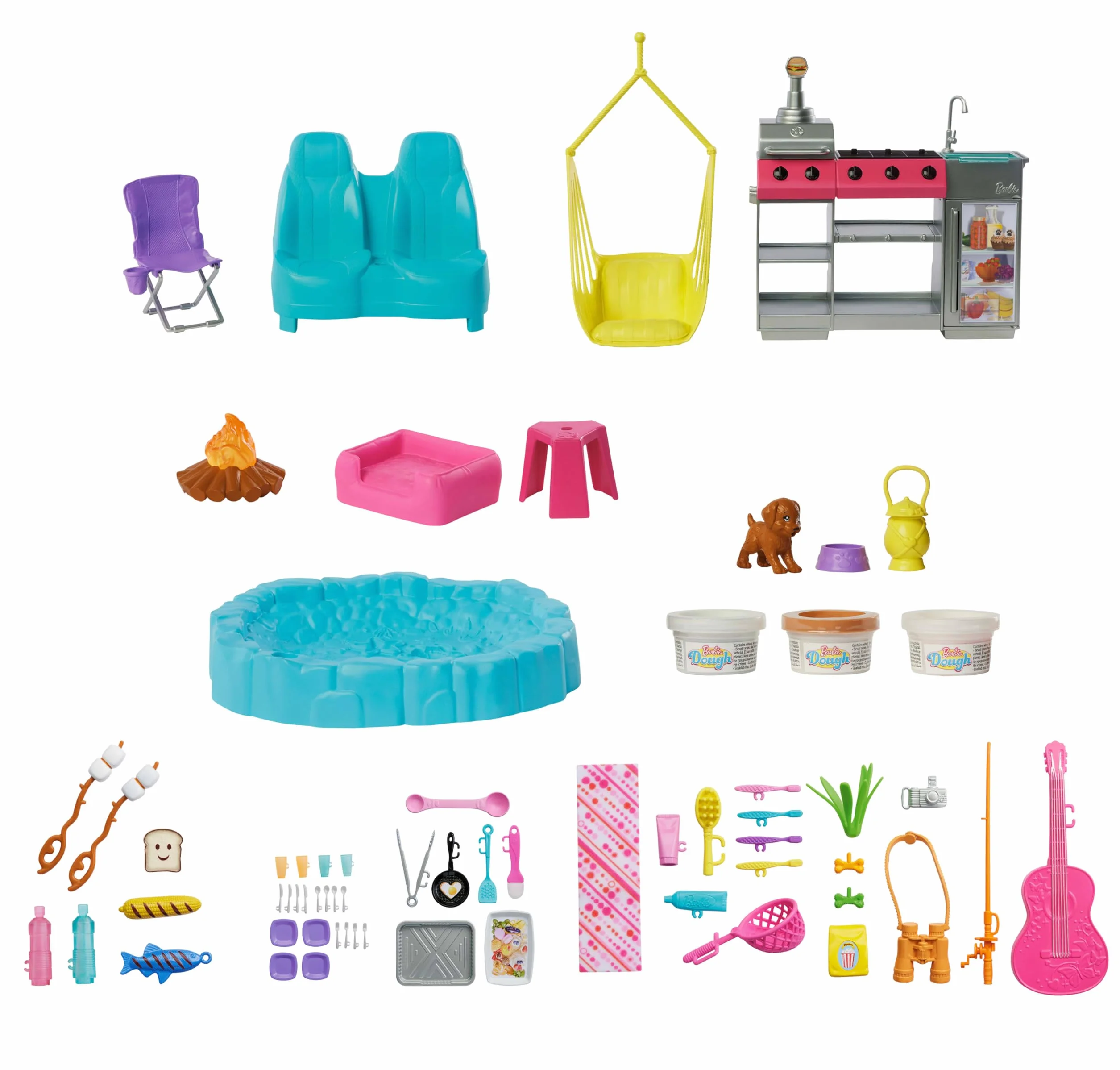 Barbie - Camper dei Sogni, veicolo con oltre 60 accessori e pasta modellabile, effetto cambia colore, include tenda sul tetto e altalena, giocattolo per bambini, 3+ anni, HRJ78