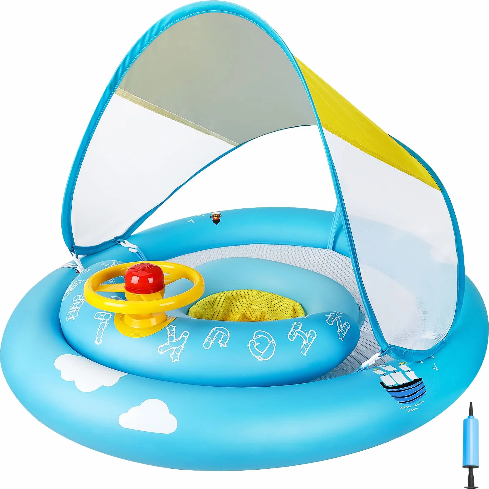 MYCARBON Salvagente Neonato 6 Mesi – 30 Mesi con Parasole Mutandina Regolabile Salvagente Bambini con Pompetta Galleggiante Ciambella per Mare Piscina