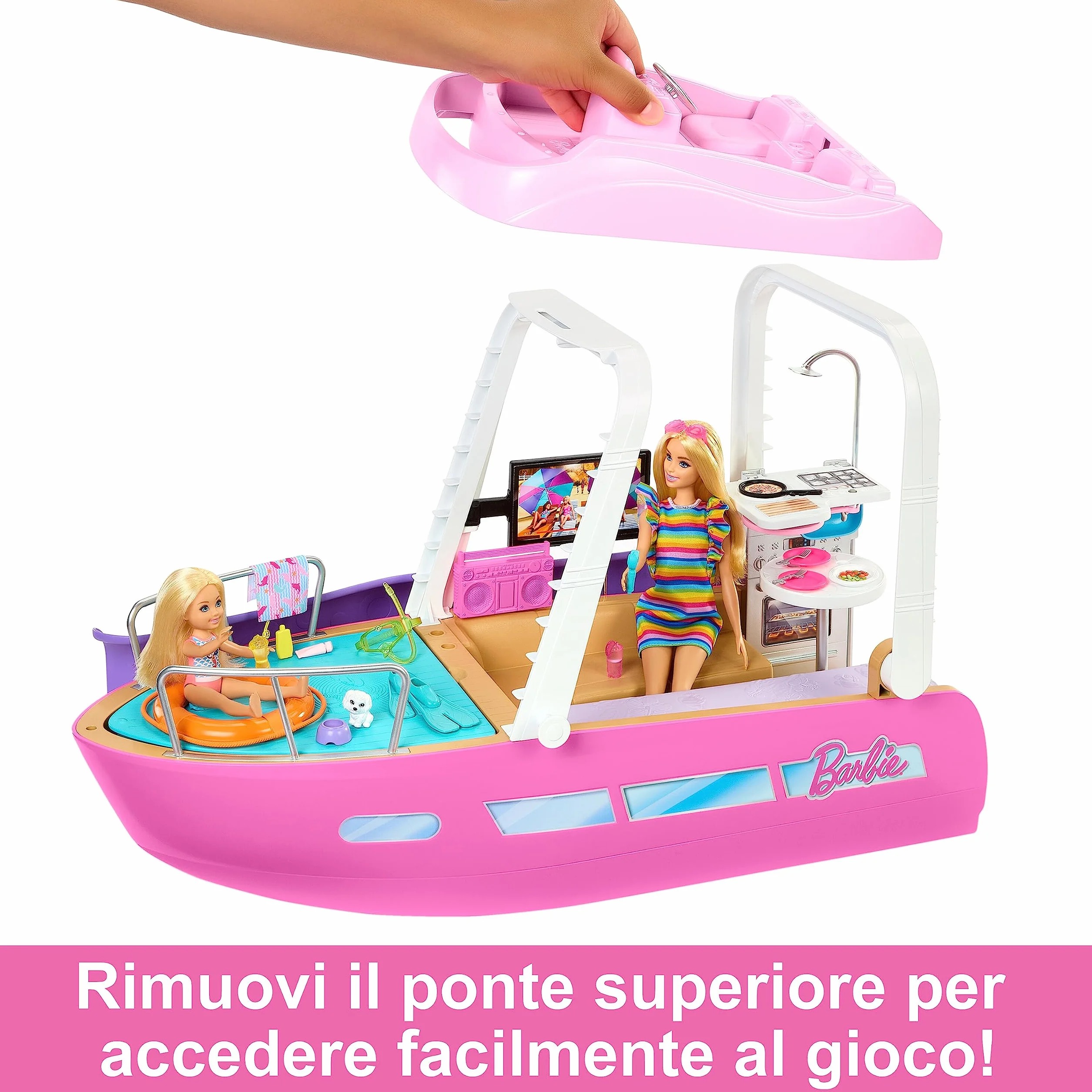 Barbie - Barca dei Sogni, Playset con piscina, scivolo, un delfino e 20+ accessori, giocattolo per bambini, 3+ anni, HJV37