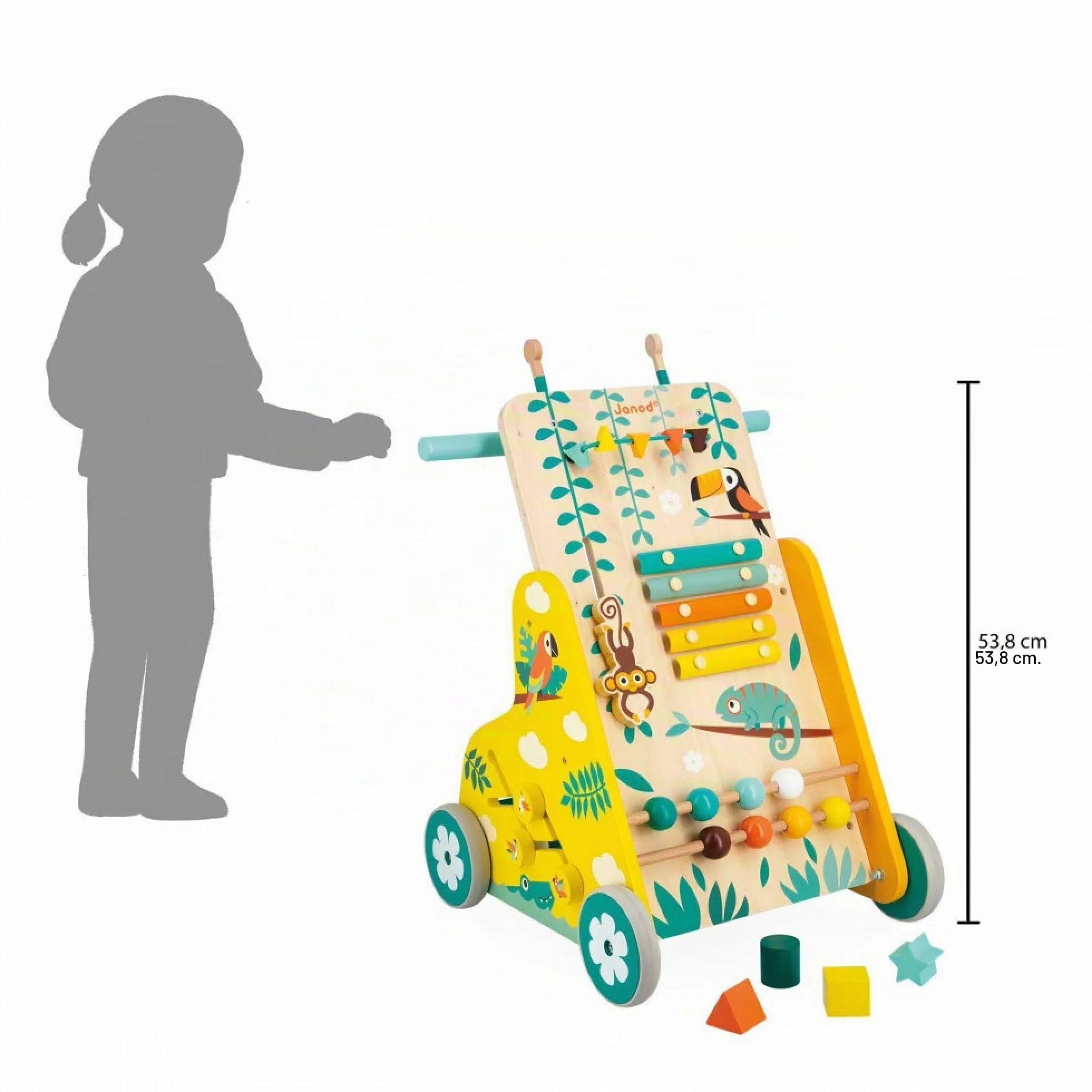 Janod - Carrello Multiattività Tropik - Primi Passi in Legno - Giocattolo Educativo 6 attività - Ruote Silenziose e Bloccabili - Certificato FSC - Vernice ad Acqua - da 1 Anno, J8269