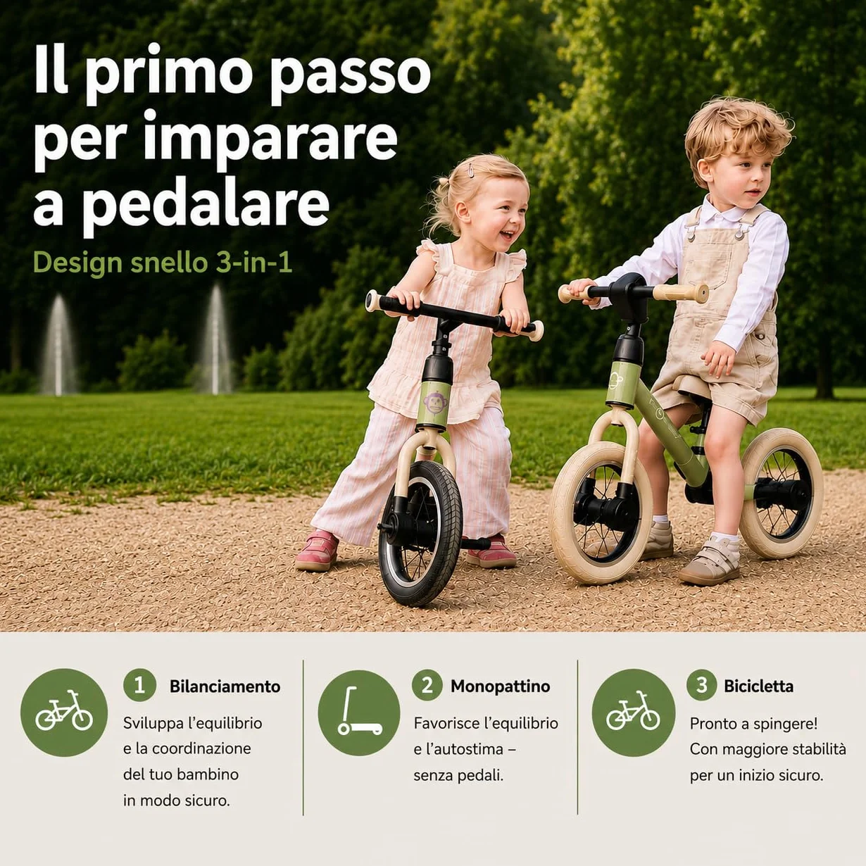 Kidcruiser Pedalplay bicicletta senza pedali 2 anni 3‑in‑1 con rotelle LED e pedali, telaio modulare