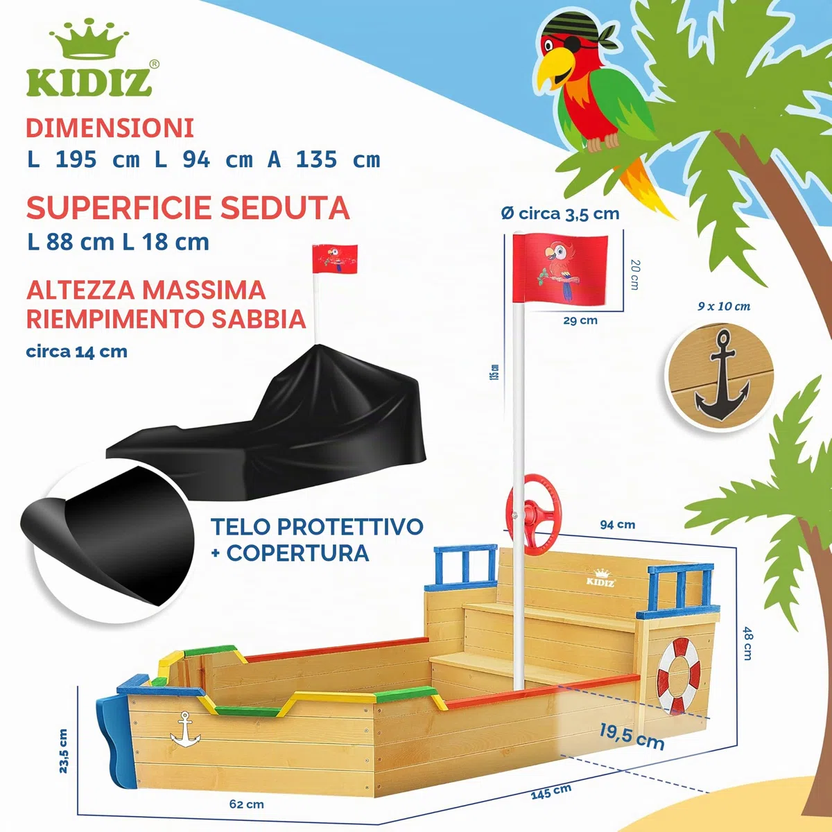 KIDIZ® Sabbiera per bambini Ahoy - nave pirata - barca giocattolo - barca a vela in legno - incl. copertura protettiva, colorato