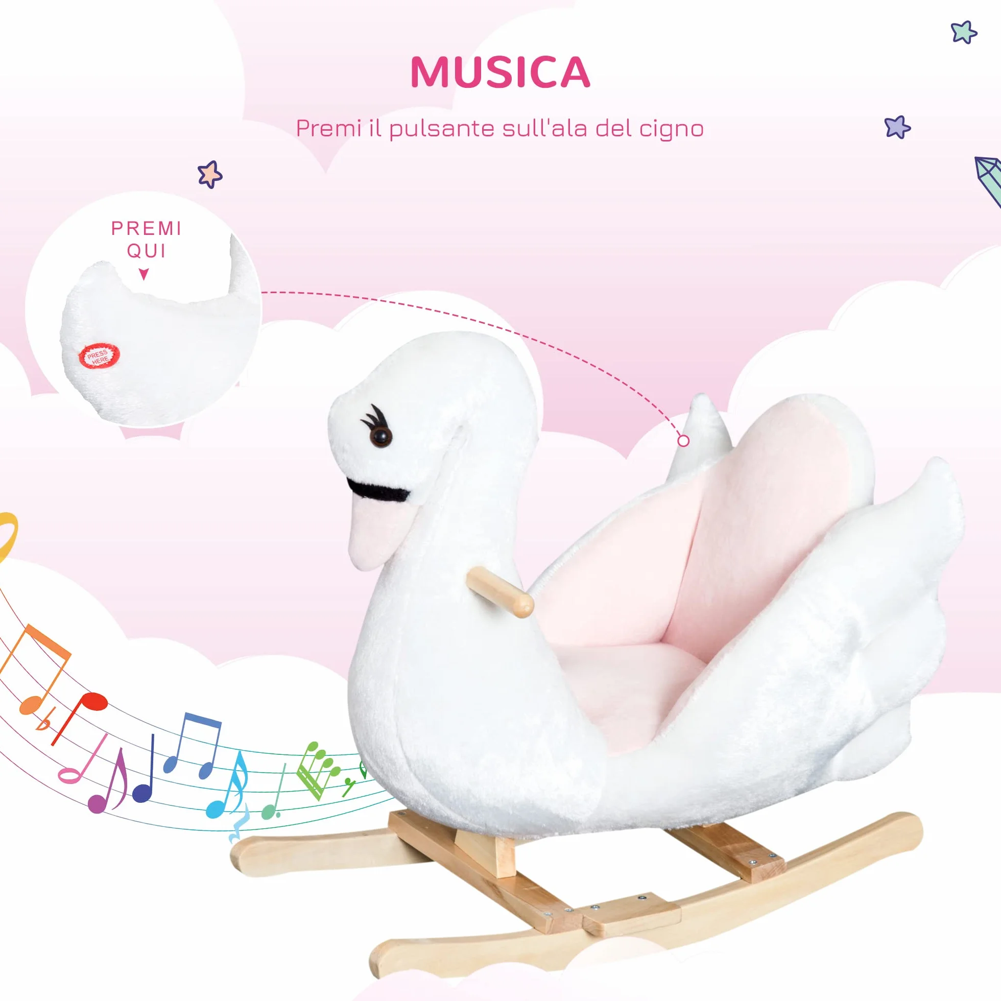 HOMCOM Cavallo a Dondolo a Forma di Cigno con Musica, Cavalluccio a Dondolo con Struttura in Metallo e Legno, Rivestimento Peluche, 60x40x57cm, Bianco
