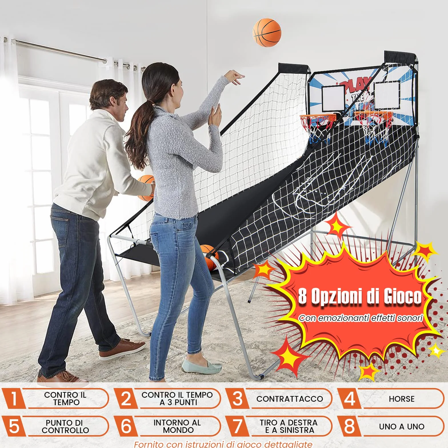 COSTWAY Macchina da Pallacanestro Elettronica, Canestro Basket da Camera a Doppio Tiro Pieghevole con Punteggio Elettronico, 4 Palle, 8 Modalità di Gioco e 2 Canestri (Bianco)