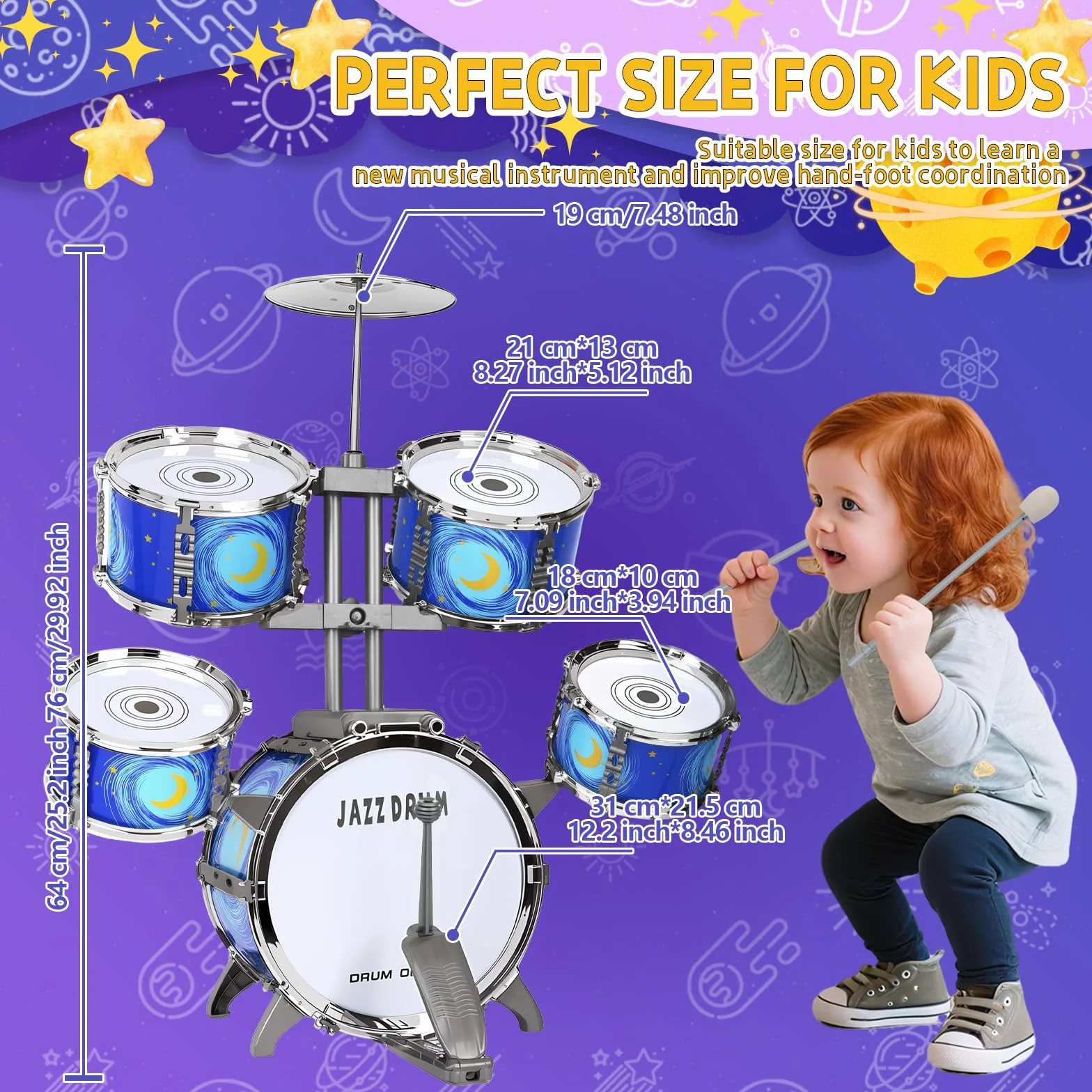 Batteria Bambini Giocattolo, 5 Tamburi Batteria Jazz Kit Strumento Musicale Percussione Educativo Giocattolo con Sgabello per 3 4 5 6 Anni Principianti Ragazzi Ragazze Compleanno Natale Regali, Blu