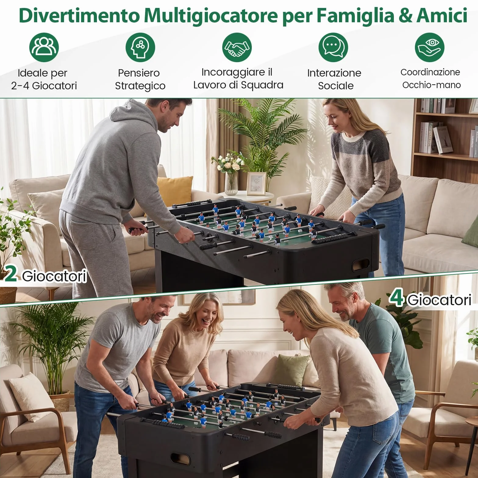 COSYWAY Calcio Balilla, Biliardino con 22 Giocatori, 2 Palline e Contatori, Tavolo da Calcio con 8 Aste per Adulti e Bambini, 119 x 108 x 79 cm