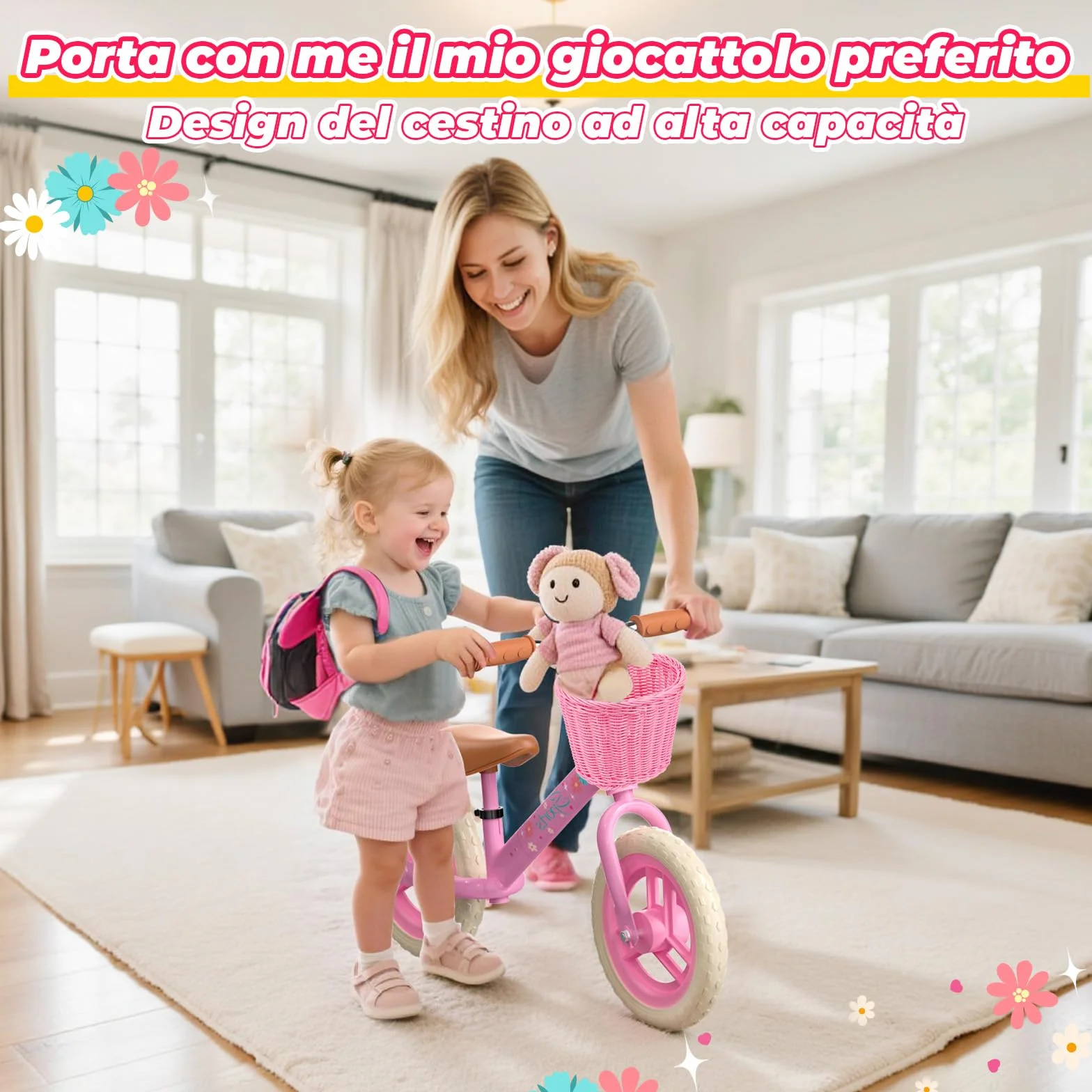 HappyGoLucky Bici Senza Pedali 2-5 Anni, Bicicletta Bambina – Ruote Luminose/Altezza Regolabile/Cestino Intrecciato, Giochi Regalo Giocattoli Gioco Bambina 2-5 Anni