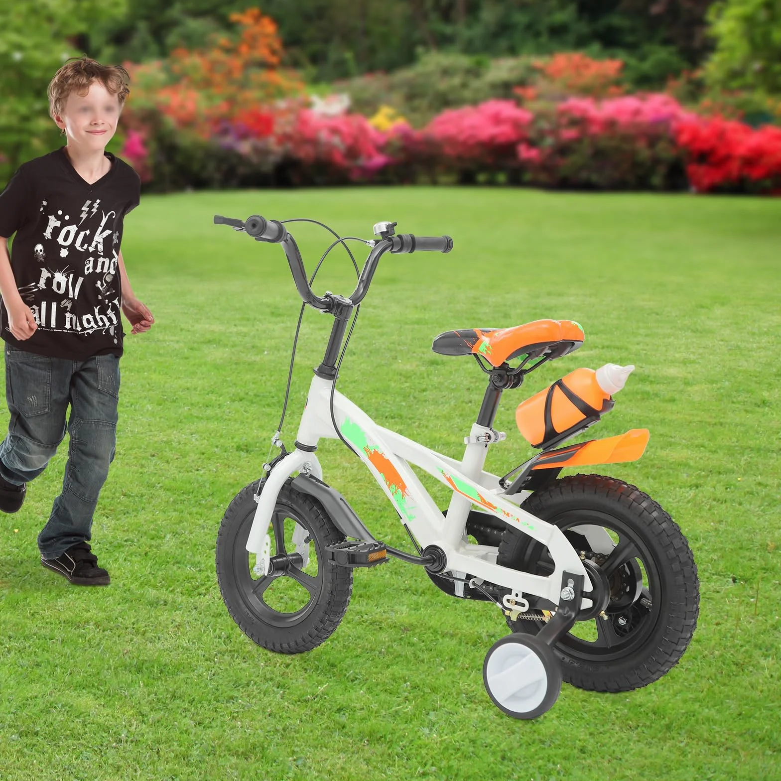 Bicicletta per bambini da 12 pollici, con ruote di supporto e bottiglia d'acqua, regolabile in altezza, bicicletta da allenamento con campanello, per bambini da 2 a 5 anni