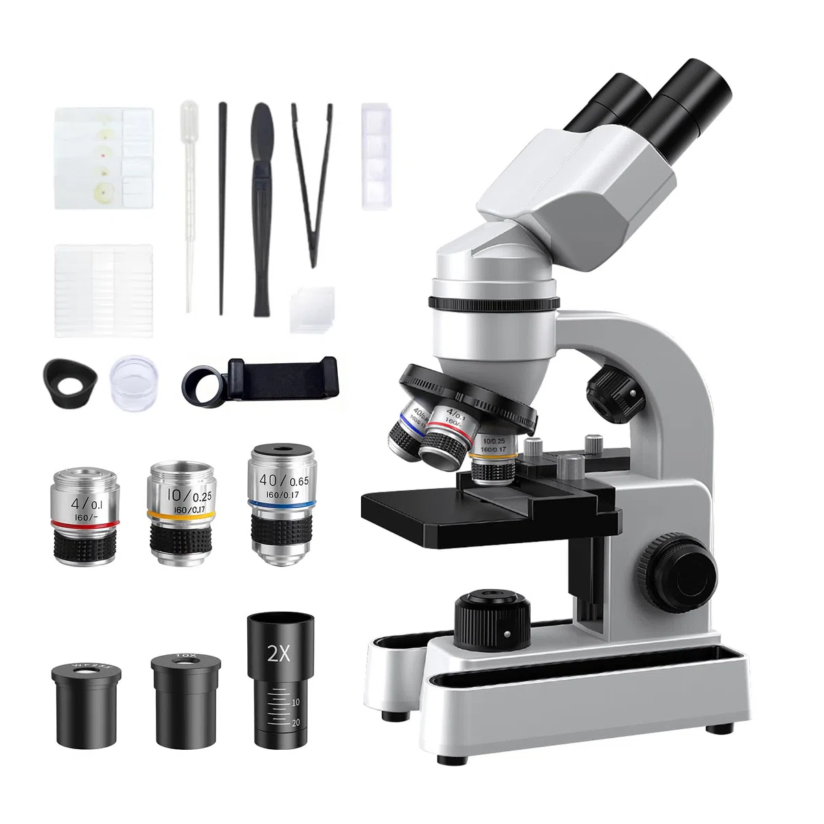 Microscopio binoculare per adulti e bambini, ingrandimento 40X-1600X con doppia illuminazione a LED, microscopio educativo biologico con kit di avviamento completo con 25+ accessori