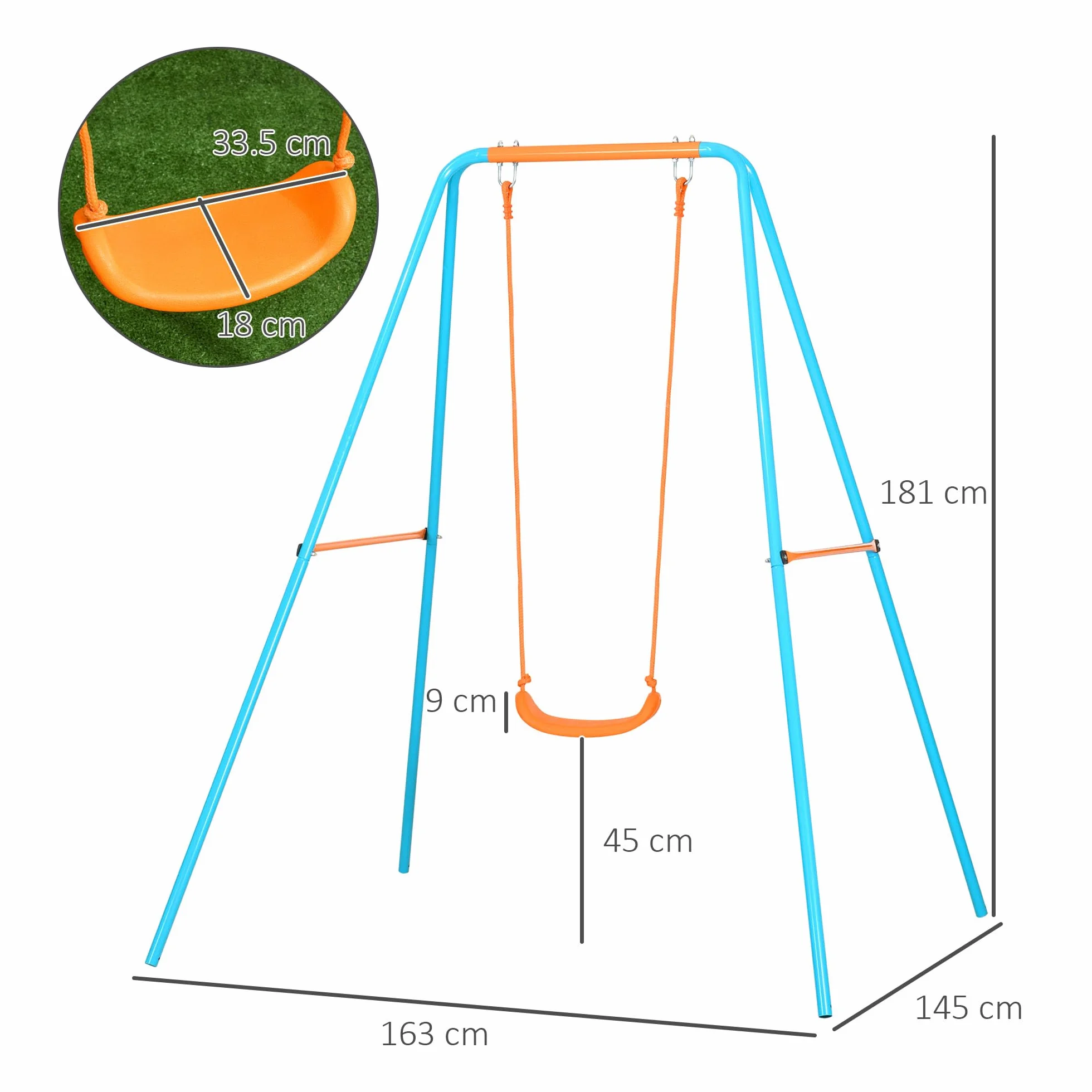 Outsunny Altalena da Giardino con Seggiolino e Picchetti, in Acciaio per Bambini 3-8 Anni, 163x145x181cm, Blu e Arancione