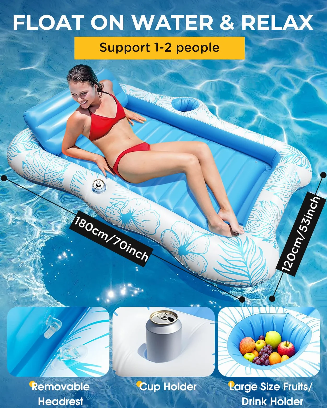 Materassino Gonfiabile Piscina per Adulti 180×120 cm con Cuscino Rimuovibile e 2 Portabicchieri