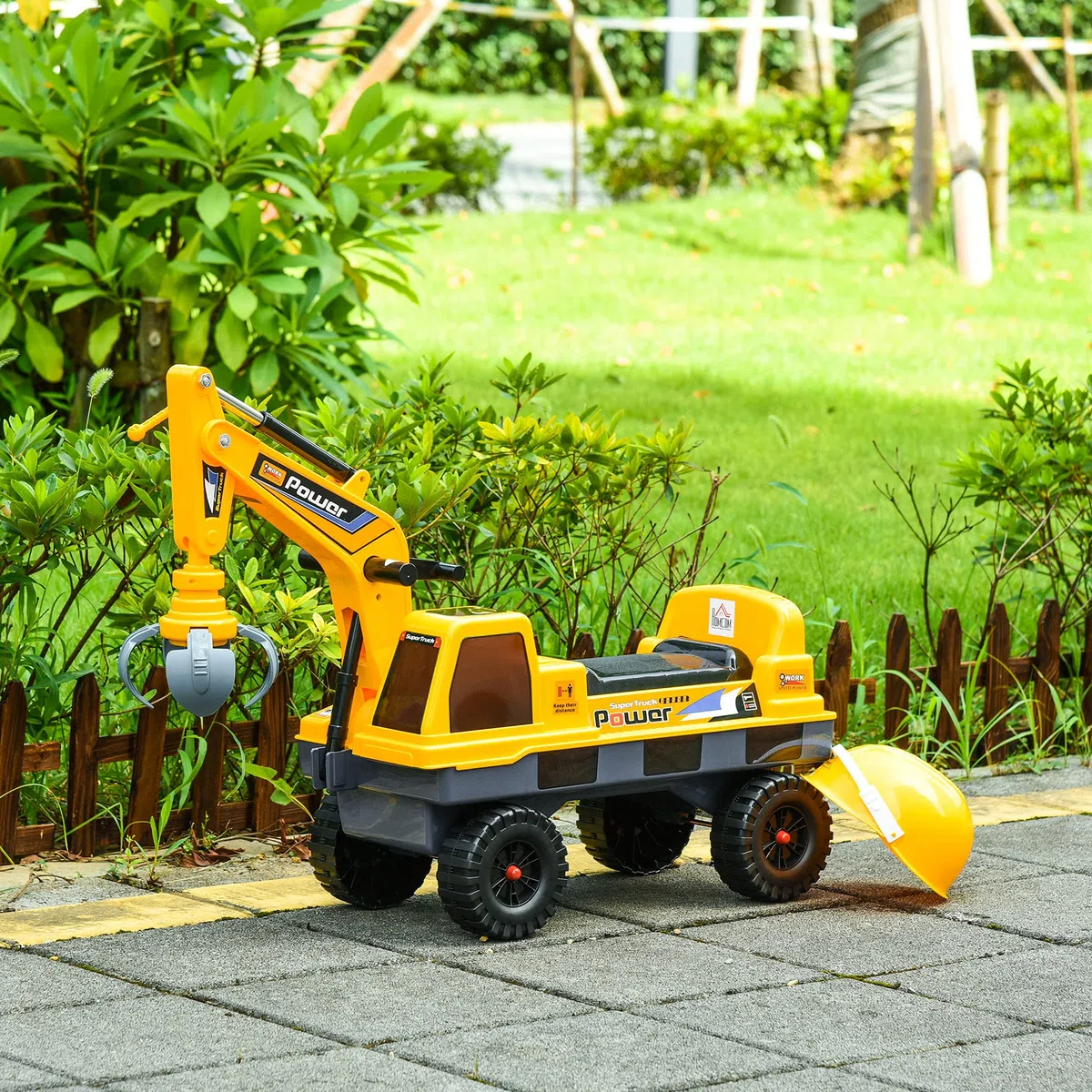 HOMCOM Ruspa Giocattolo 2 in 1 con Escavatore e Mordente, Vano Nascosto, Gioco Cavalcabile Bambini 2-3 Anni, 90x28x58cm, Giallo