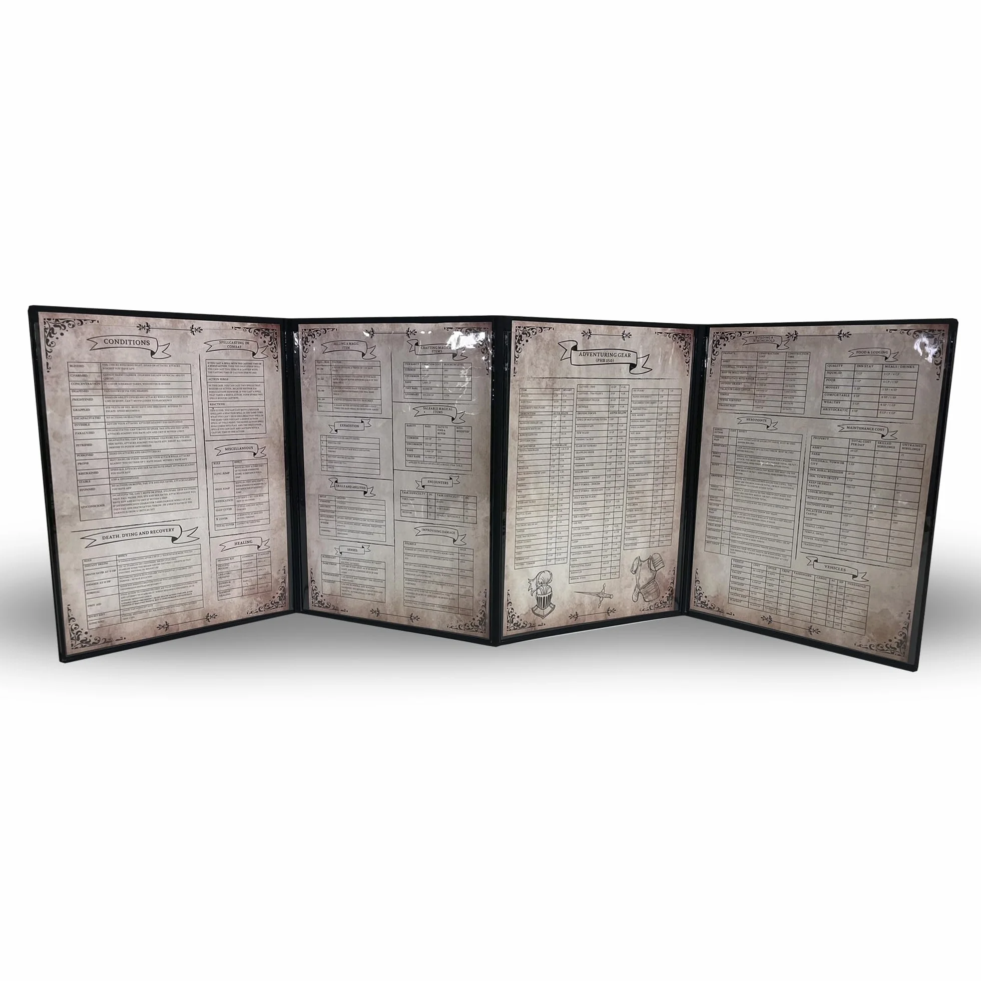 Schermo Dungeon Master con Vassoio per Dadi DOJA Hobbies, DM Screen DnD Pieghevole 4 Pannelli in Pelle Sintetica Dorata con Tasche Personalizzabili, Accessori Dungeons & Dragons Gioco di Ruolo