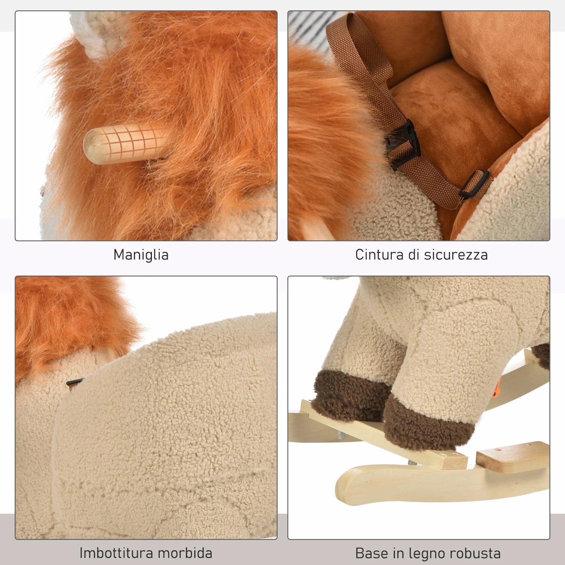 HOMCOM Dondolo Giocattolo a Forma di Leone per Bambini 18-36 Mesi, Ruggisce (3 Batterie Incluse), in Legno e Peluche