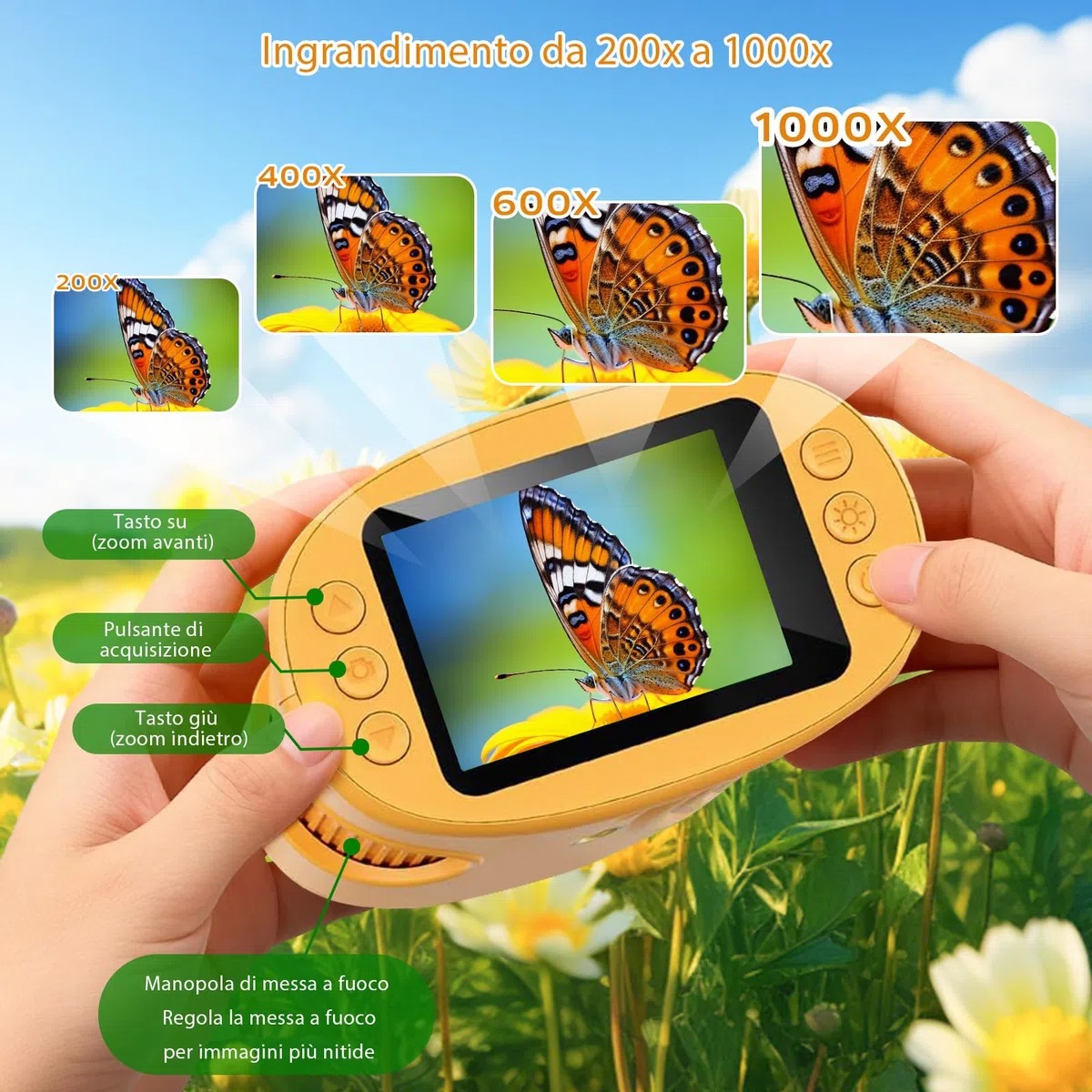 Microscopio digitale per bambini, ingrandimento 1000X con schermo IPS da 2,0", ricaricabile tramite USB e portatile, 8 luci LED, per uso esterno, arancione, regali per bambini dai TRE anni in su.