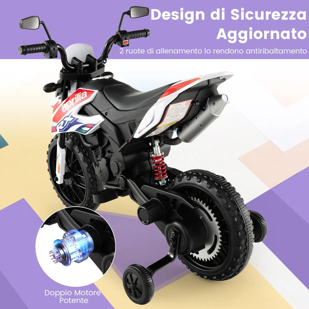 RELAX4LIFE Moto Elettrica Aprilia RX 12 V per Bambini, con Rotelle Ausiliarie, 5,5-6 km/h, Luci,Musica,Fari, Carico 30 KG, per Bambini 3-8 Anni