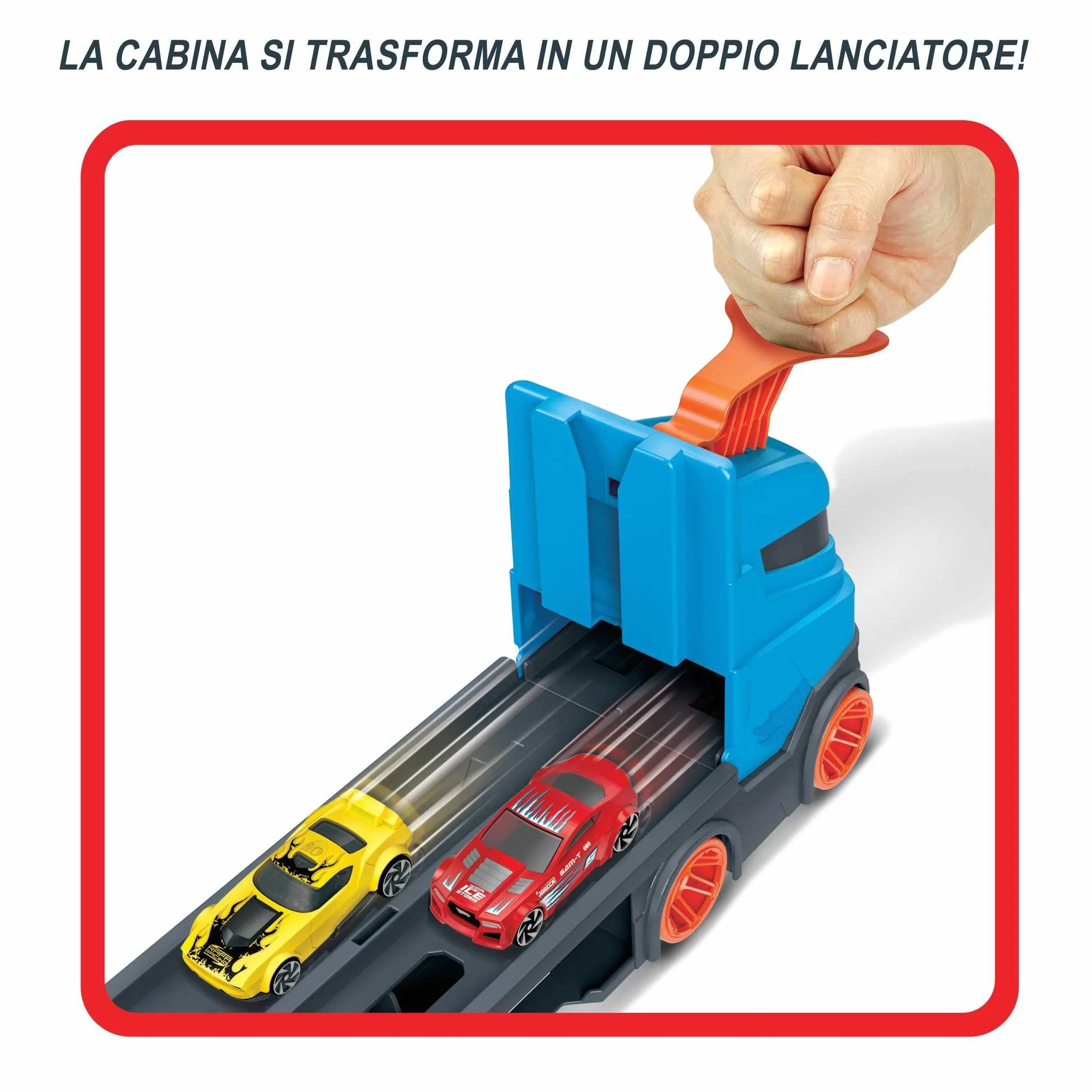 Hot Wheels - Camion Trasportatore 2 in 1, Trasportatore e Pista con 3 Auto in Scala 1:64 per Bambini da 4 a 8 Anni, HGH33, Imballaggio Sostenibile