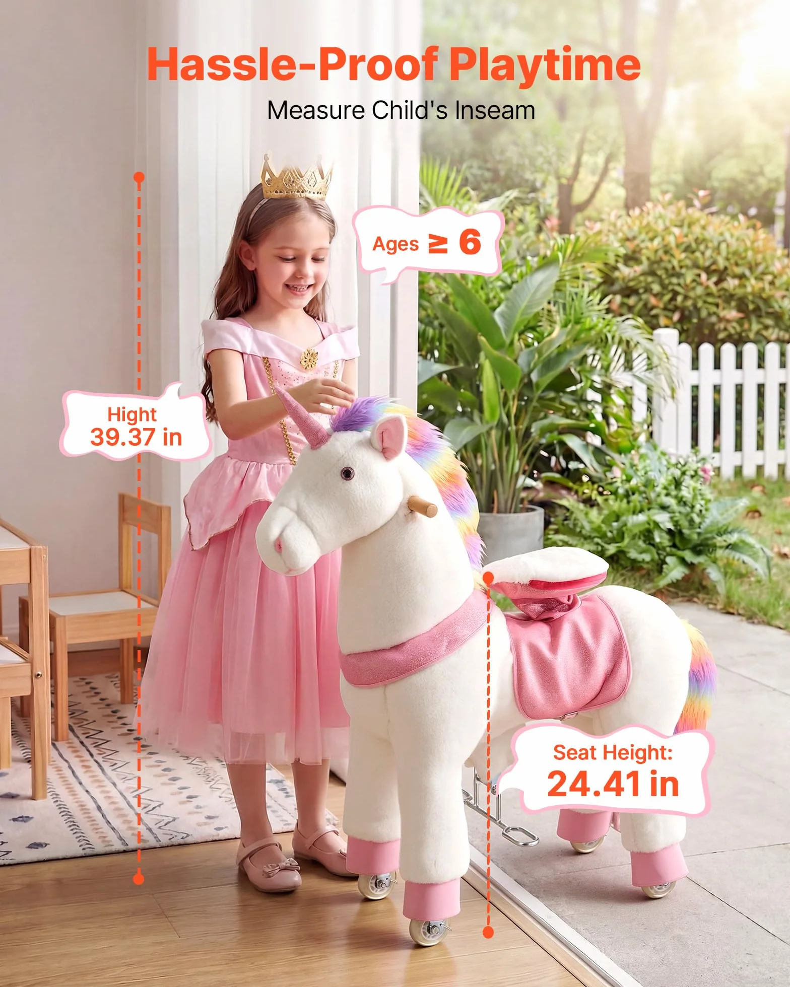 VEVOR Unicorno Cavalcabile per Bambini, Cavallo Giocattolo Cavalcabile con Ruote, Senza Batterie, Anello Anti-Ribaltamento, Sedile Rialzato, Maniglie e Pedali, Carico Massimo 80kg, Per Bambini 6+ Anni
