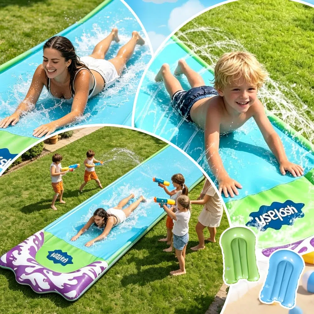 Scivolo D'acqua 480x70cm con Spruzzatori, Tappetino Acquatico con 2 Bodyboard