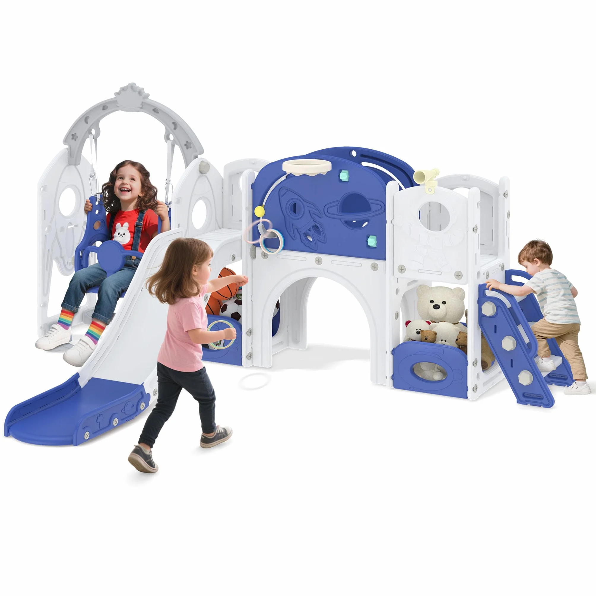 Froadp Scivolo 9 in 1 per bambini a partire da 1 anno, per interni ed esterni, in HDPE e PP, con altalena, scaletta da arrampicata, tunnel, spazio di archiviazione, cestino da basket e telescopio da