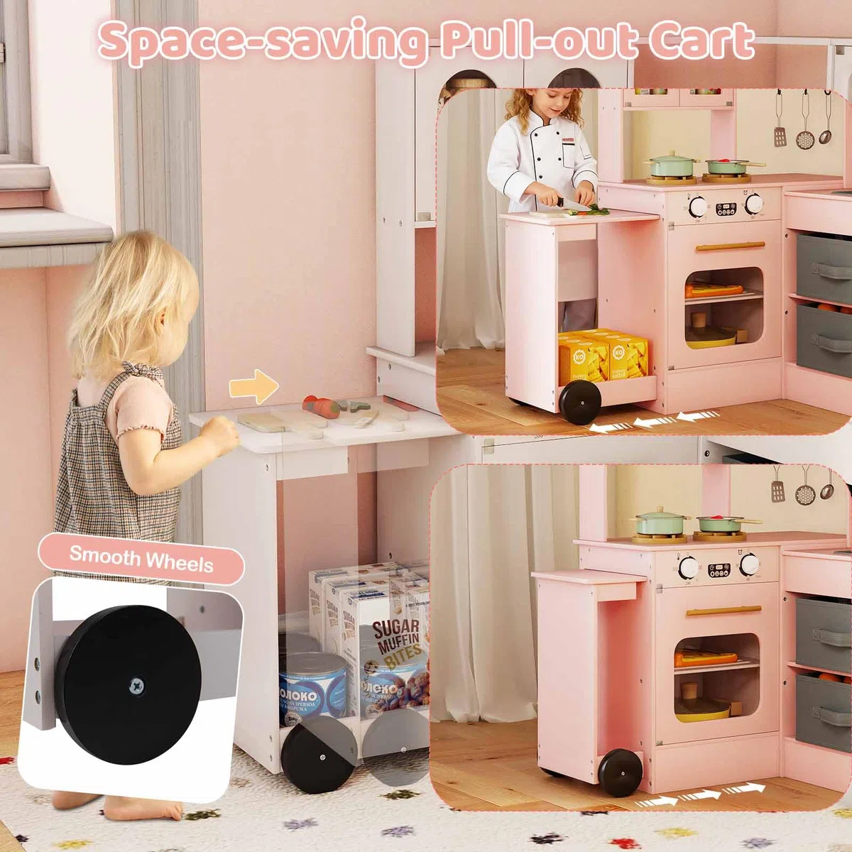 HOMASIS Cucina ad Angolo con Carrello Scorrevole, Luce e Suono, Cucina Giocattolo in Legno con Forno, Microonde, Macchina del Ghiaccio, Fornello, per Bambini da 3 Anni in su (Rosa)