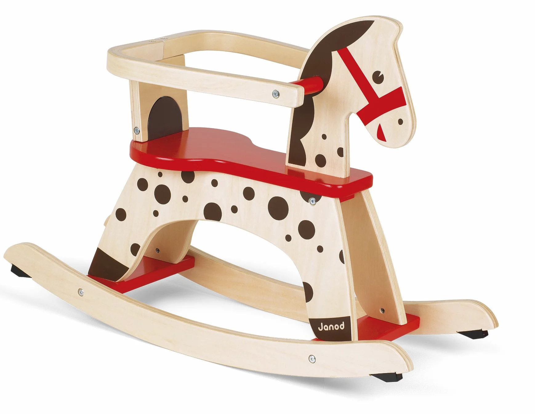 Janod - Cavallo a Dondolo in Legno Caramello - Giocattolo Primo Anno - Apprendimento Equilibrio - A Partire dall'anno, J05984, Marrone e Rosso