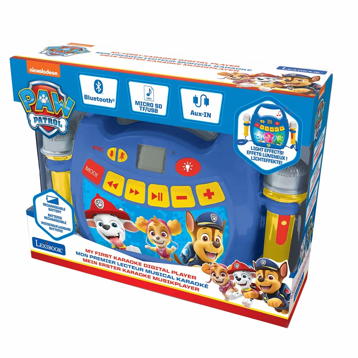 Lexibook – Paw Patrol - Lettore Musicale Karaoke Portatile per Bambini - Microfoni, Effetti di Luce, Bluetooth, Blu/Rosso, MP320PAZLXB