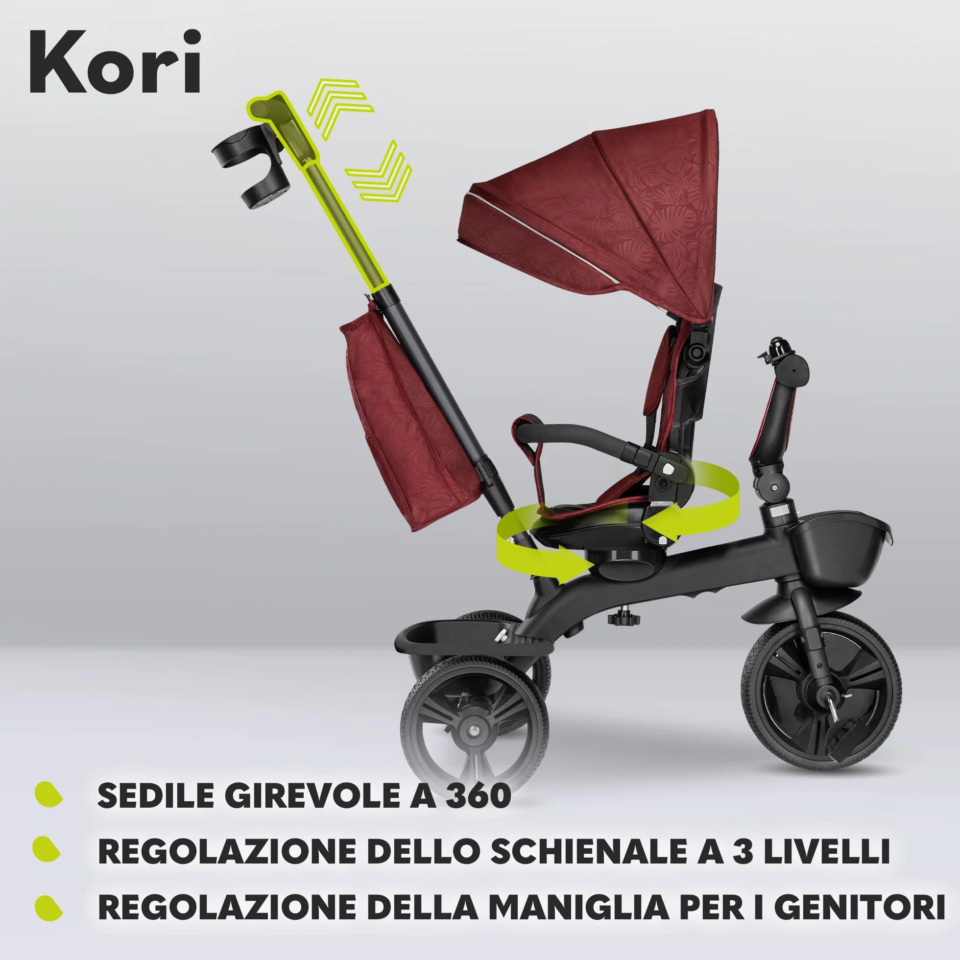 LIONELO Kori Triciclo Evolutivo per Bambini da 1.5 Anni fino a 25 kg Sedile Girevole 360° Telaio ultraleggero in lega di magnesio, Pneumatici resistenti, Maniglione per genitori e Accessori