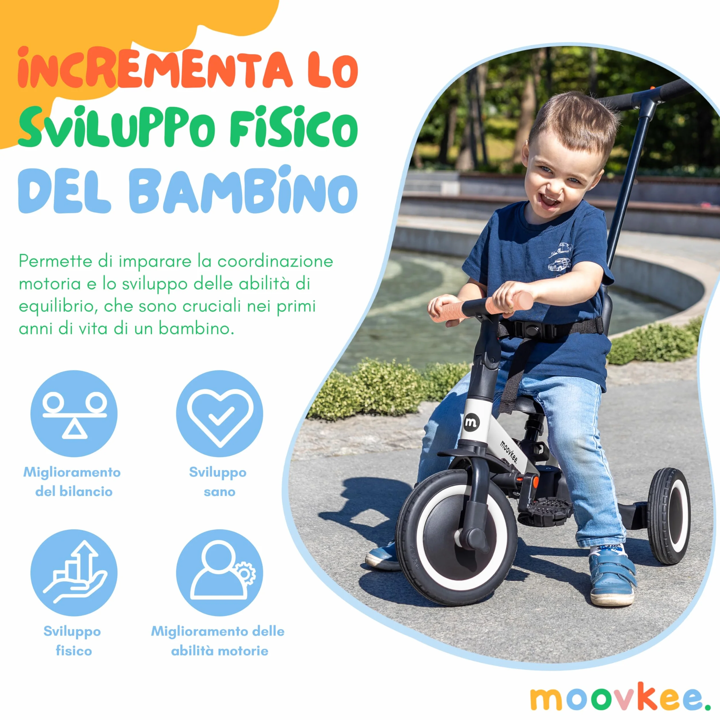 Triciclo Bambini Evolutivo 6 in 1 - Bicicletta Bambini da 1 a 5 Anni - Triciclo per Bambini fino 25 kg con Cintura, Sella Regolabile, con o Senza Pedali - Triciclo con Maniglione