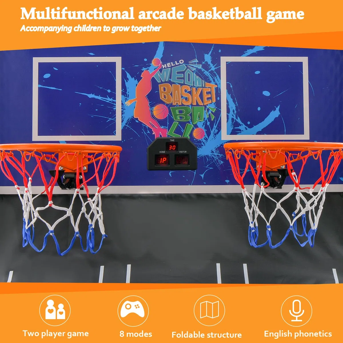 KOMFOTTEU Set di cestini da pallacanestro, arcade pieghevole a doppio cestino con contatore elettronico, 8 in 1 macchina da tiro da basket con 4 palline e pompa, 202 x 107 x 205 cm (blu)