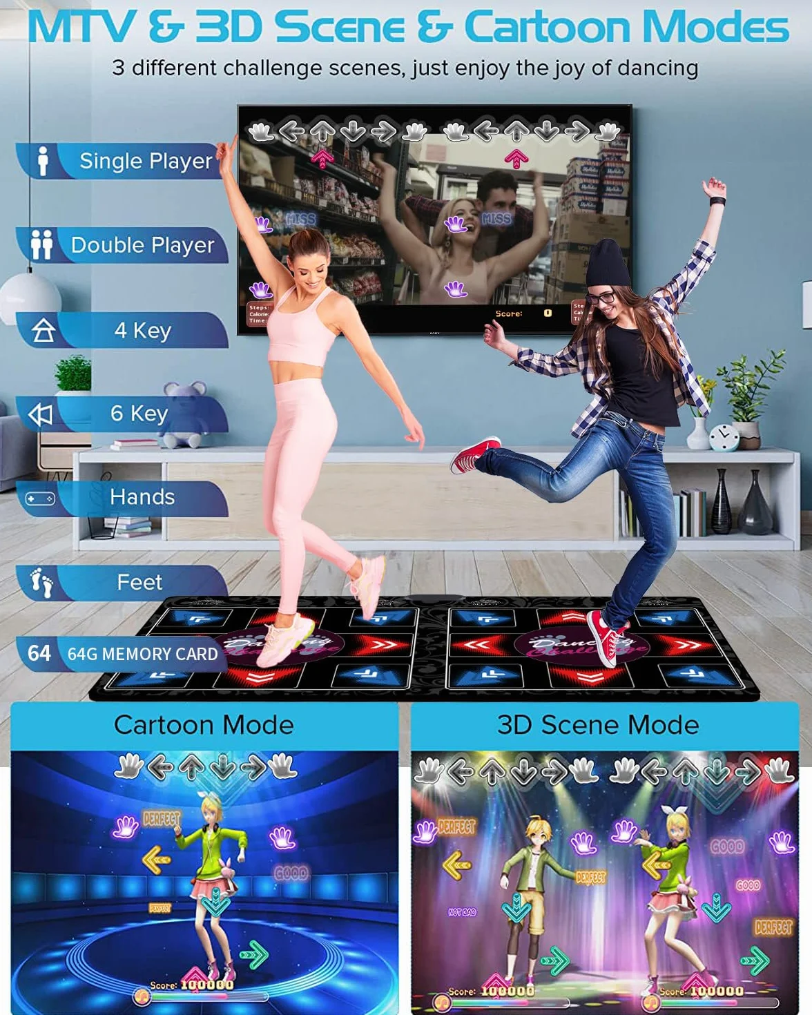 Tappeto da ballo elettronico musicale HDMI con fotocamera,650 brani,scheda di memoria da 64GB,81 video musicali,1000 giochi,per giocatore singolo e doppio,un regalo di lusso per ragazzi e ragazze