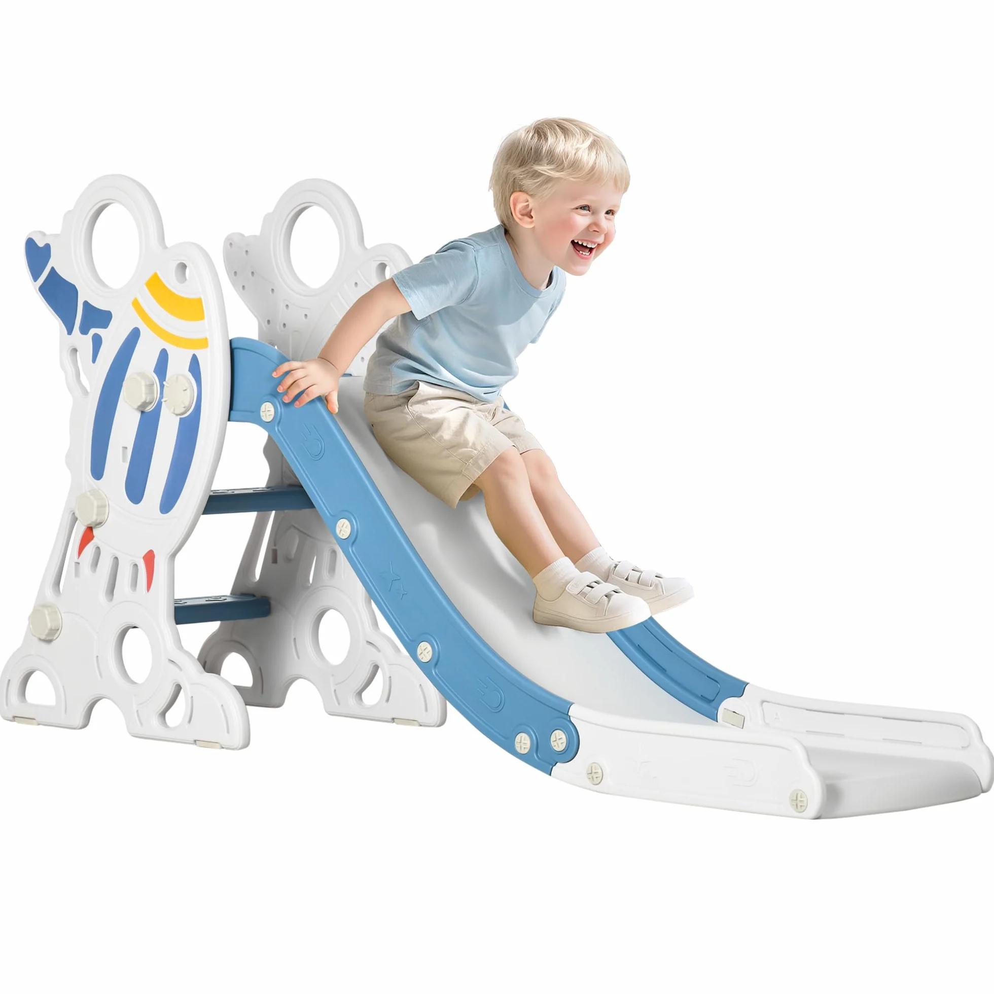 AIYAPLAY Scivolo per Bimbi 18-36 Mesi a Tema Spaziale con Scale Antiscivolo, Scivolo da Interno in PE e PP, 157x46.5x80 cm, Blu e Bianco