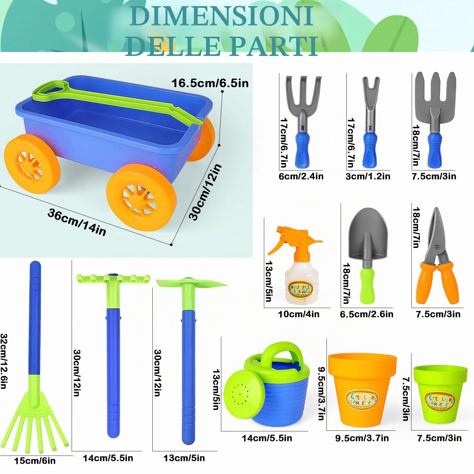 deAO Carriola e attrezzi da giardinaggio per bambini, include 10 accessori e 4 vasi per piante