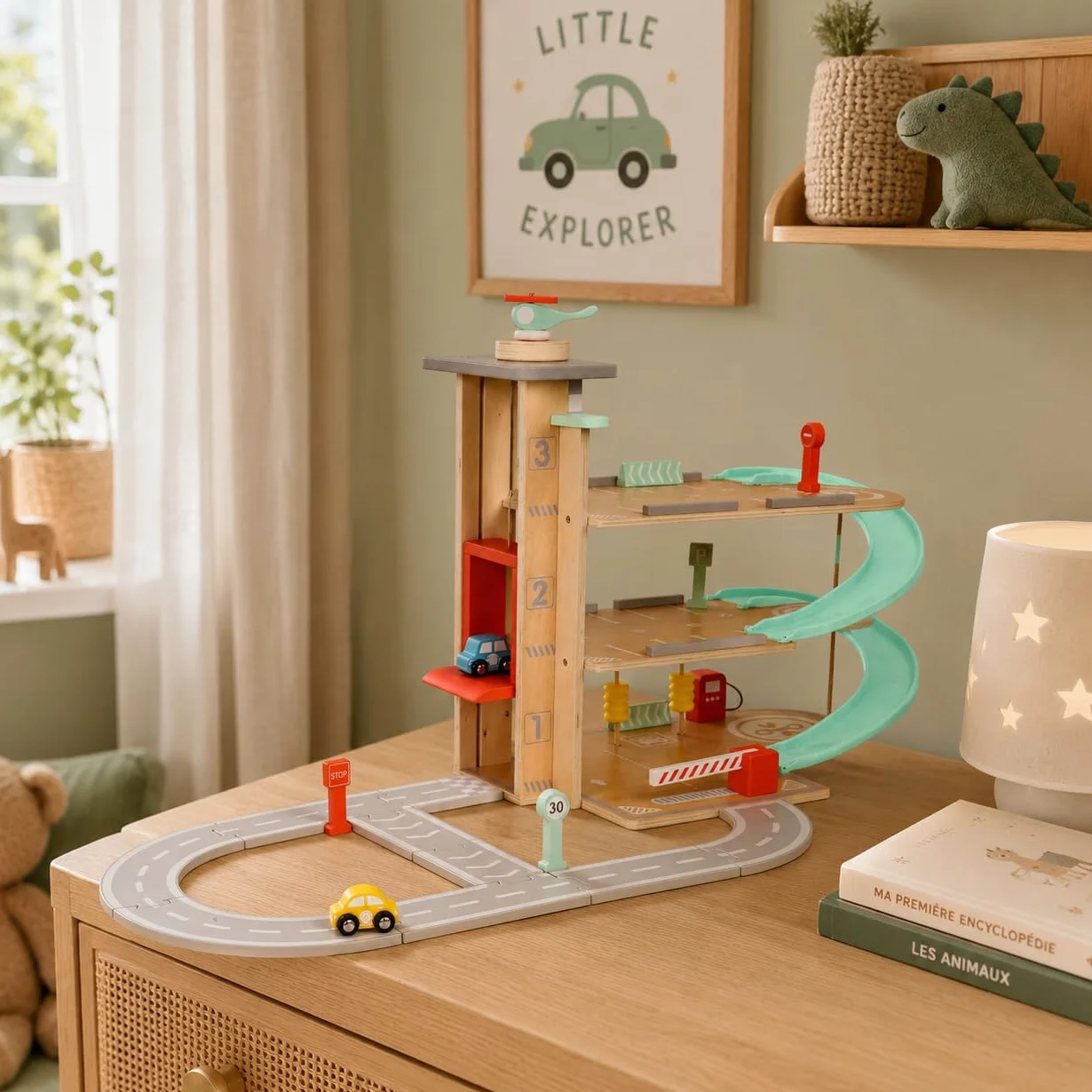 Owl & Fox Garage d'Auto da Gioco in Legno Tradizionale. Giocattoli di legno per ragazzi e ragazze dai 3 anni in su, gioco di ruolo interattivo e fantasioso, giocattolo di apprendimento Montessori