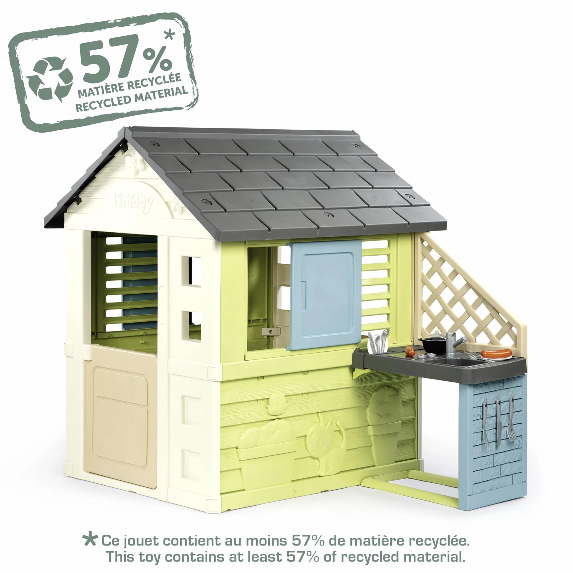 Smoby Life - Casa Bella + Cucina Estiva - Piastra e Lavello - Numerosi Accessori - Materiale Riciclato - Dai 2 Anni - Prodotto in Francia