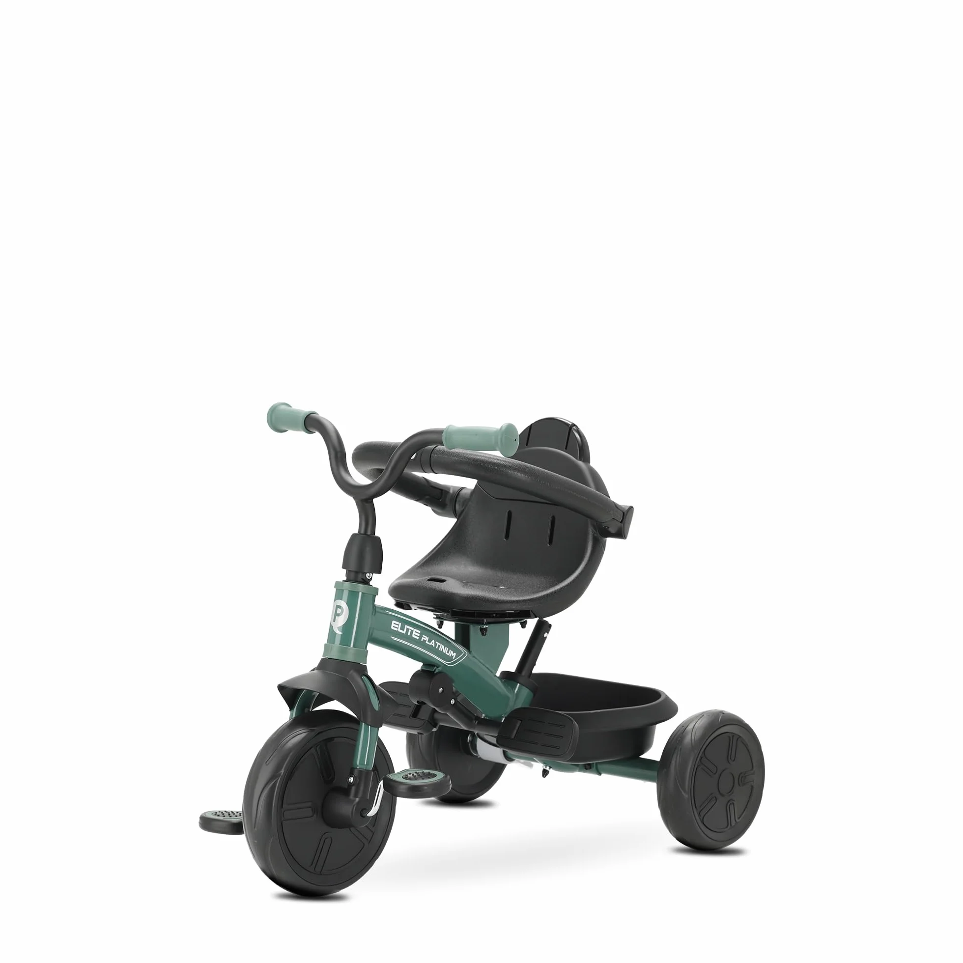 Triciclo Evolutivo QPLAY Elite Platinum 6 in 1 con sedile girevole a 360°, per bambini da 10 a 36 mesi, Maniglione direzionale, Capottina XL, Poggiapiedi e cestino (Verde)