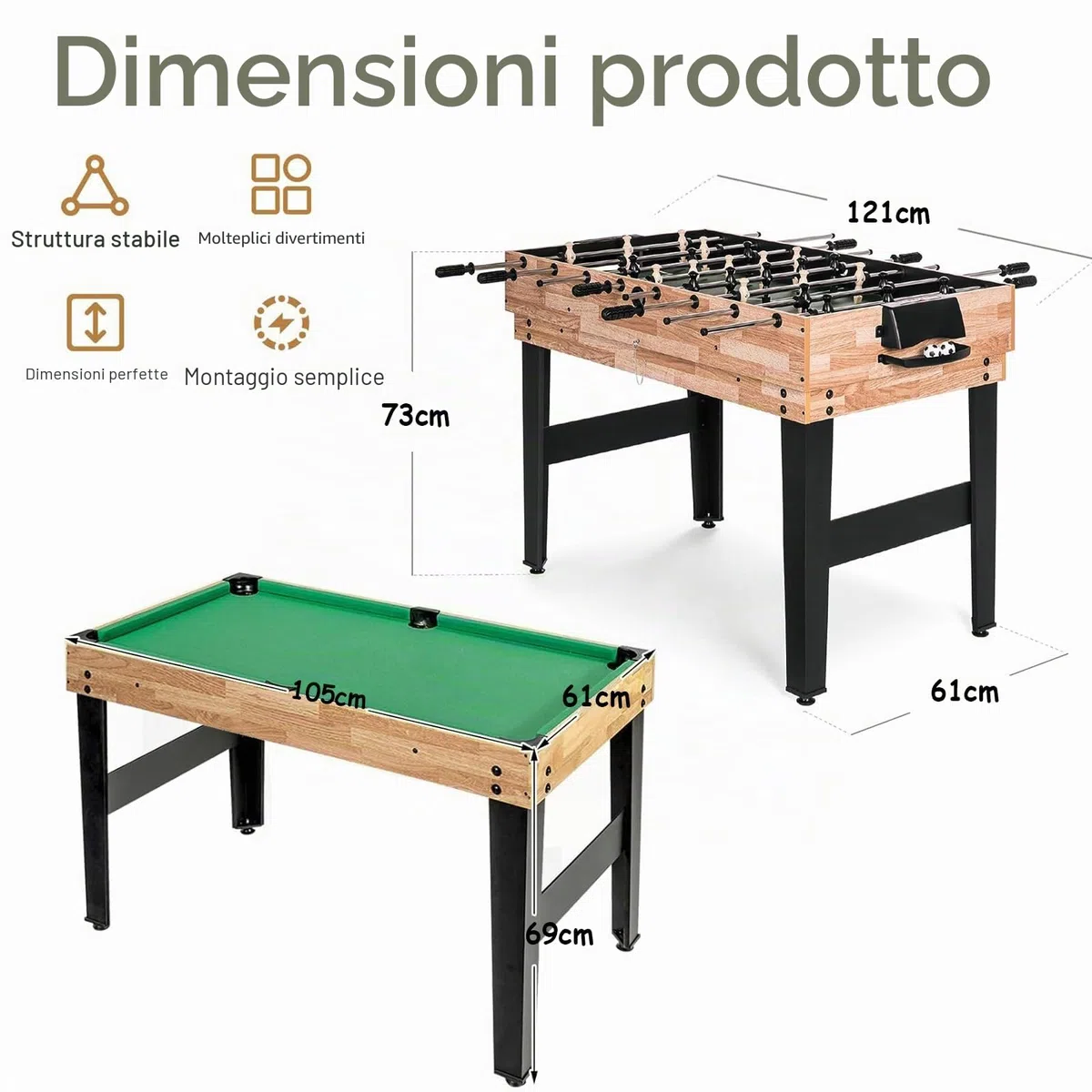 Tavolo Multigioco 4 in 1 Legno Calcio Balilla Biliardo Ping Pong Air Hockey 122x61x73 cm