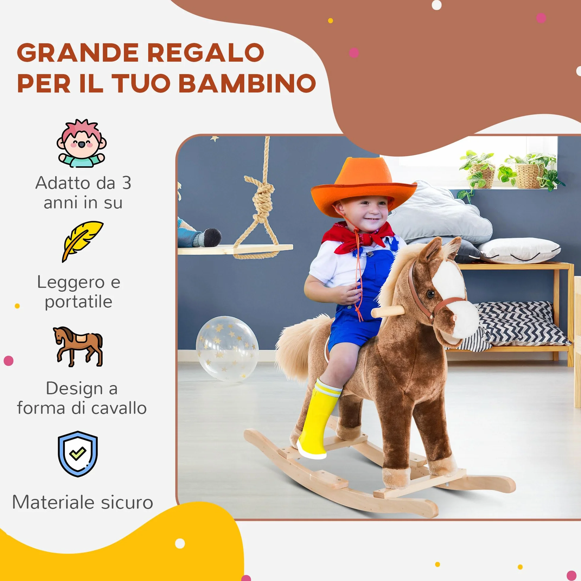 HOMCOM Cavallo a Dondolo per Bambini in Legno, Giocattolo Cavalcabile per Bambini in Peluche, 74x33x62 cm, Marrone