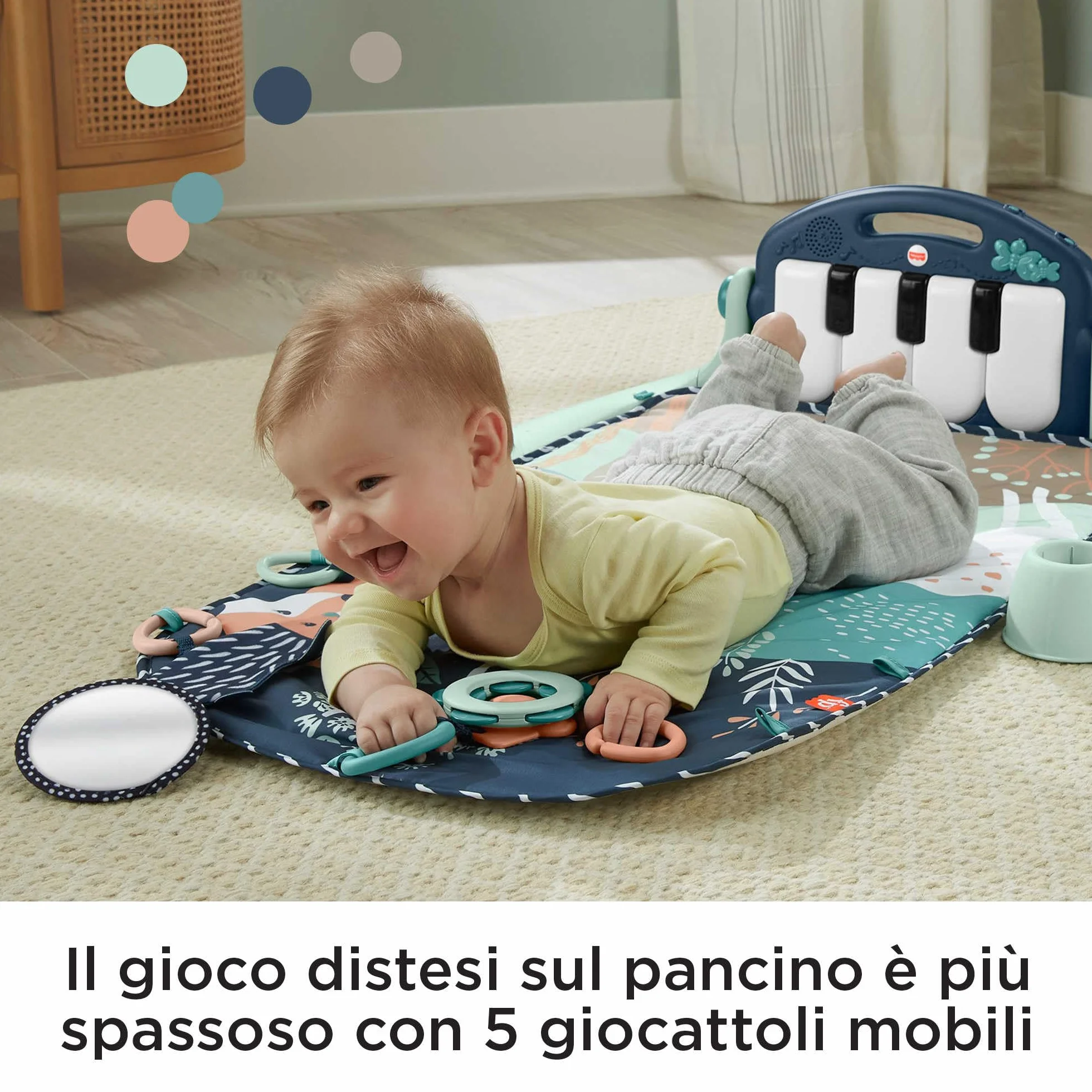 Fisher-Price - Palestrina Baby Piano 4 in 1, tappetino con pianoforte musicale e giocattoli per il gioco distesi sul pancino, cerbiatto blu [esclusiva Amazon], giocattolo per bambini 0+ Mesi, HKX37