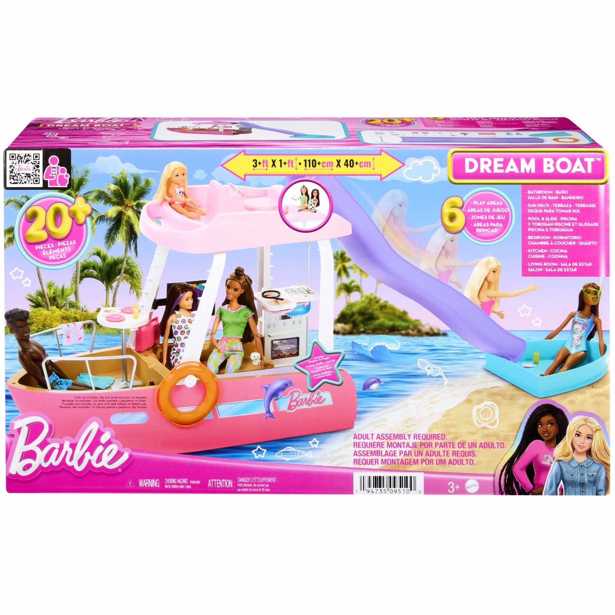 Barbie - Barca dei Sogni, Playset con piscina, scivolo, un delfino e 20+ accessori, giocattolo per bambini, 3+ anni, HJV37
