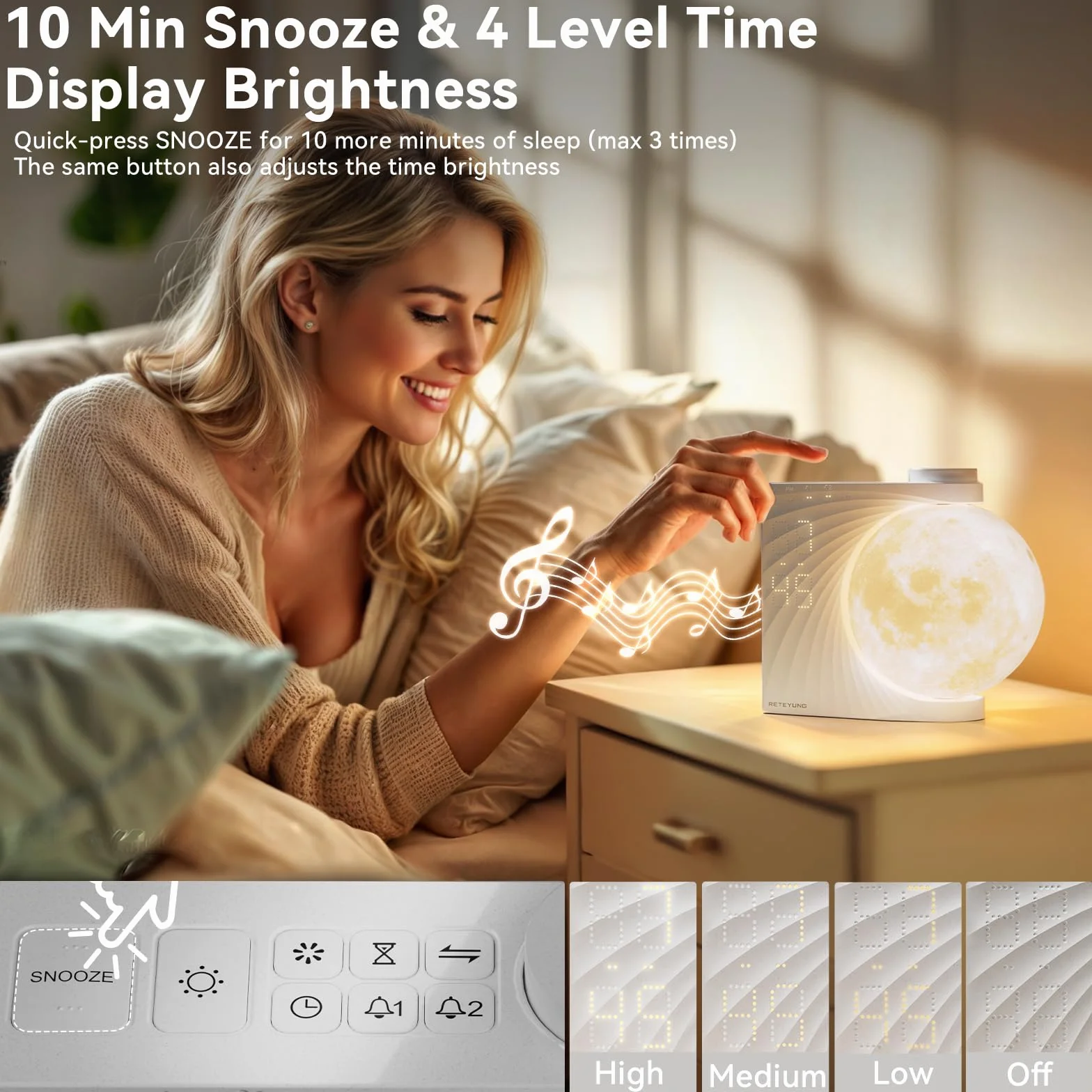 RETEYUNG Lampada Luna con Luce,2 Sveglie, Lunare RGB 8 Colori, Suoni Naturali, Wake Up Light, Lampada da Comodino a 3 Livelli di Luminosità Luce Notturna per Donne Ragazze Ragazzi (Rotazione manuale)