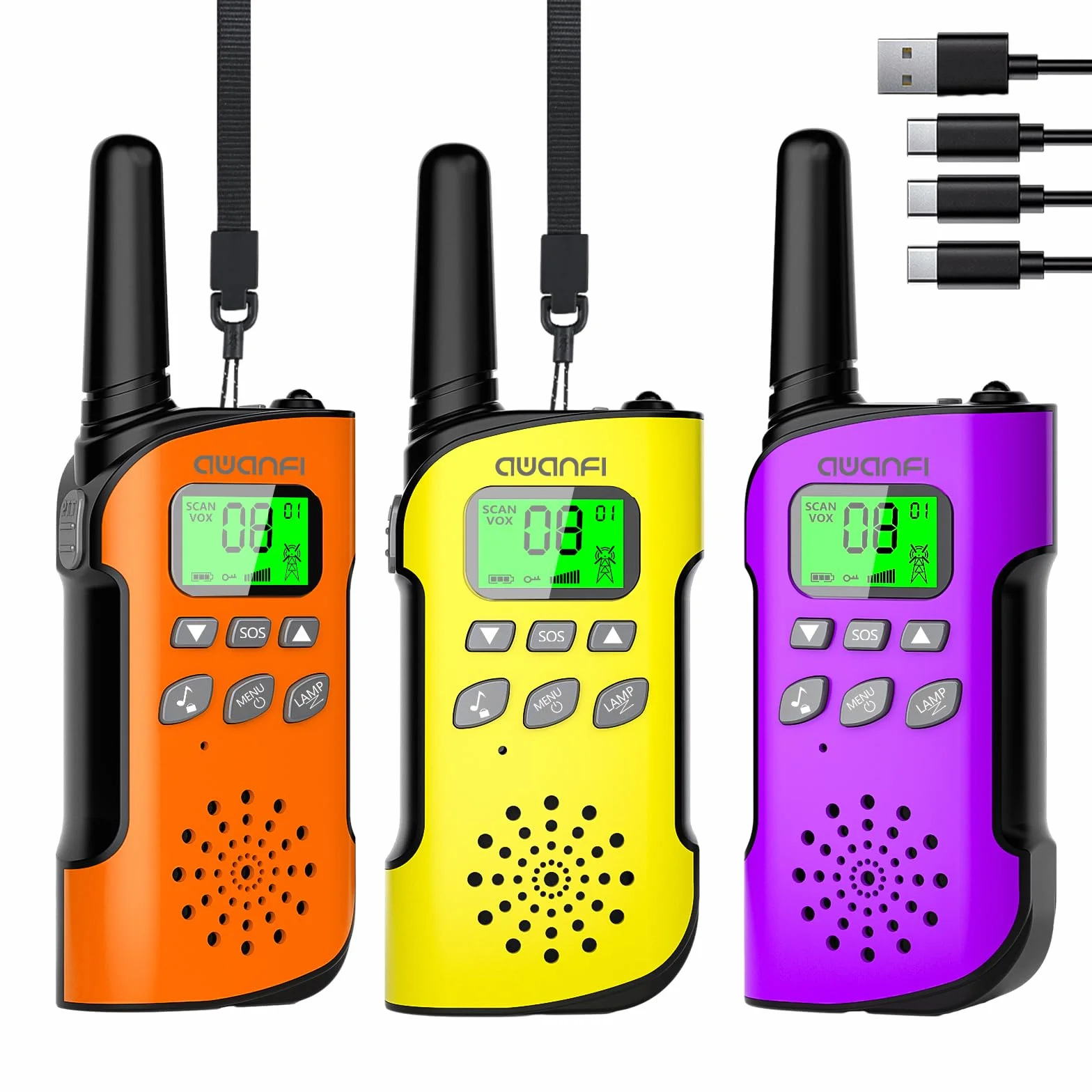 Walkie-Talkie Bambini, 3 Pezzi Walkie Talkie Ricaricabile con Batteria, Torcia, Funzione SOS e VOX, Lungo Raggio, Walkie-Talkies per Campeggio, Avventure, Regali per Bambini 3 a 12 Anni
