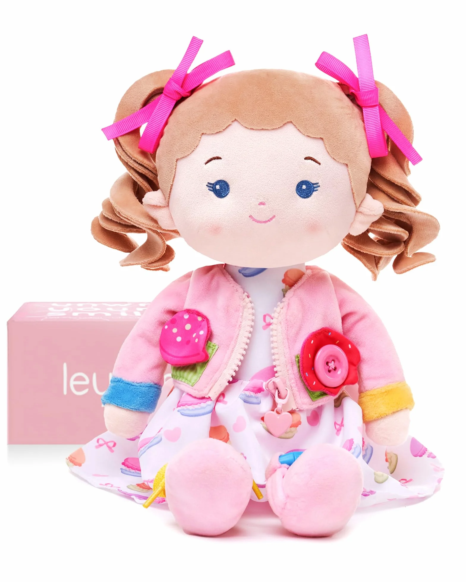 LeyaDoll bambola di peluche 40 cm, giocattolo sensoriale e educativo ispirato al metodo Montessori, morbida compagna per neonati 0-3 anni, idea regalo di compleanno per bambina-Busy Cupcake-Girl