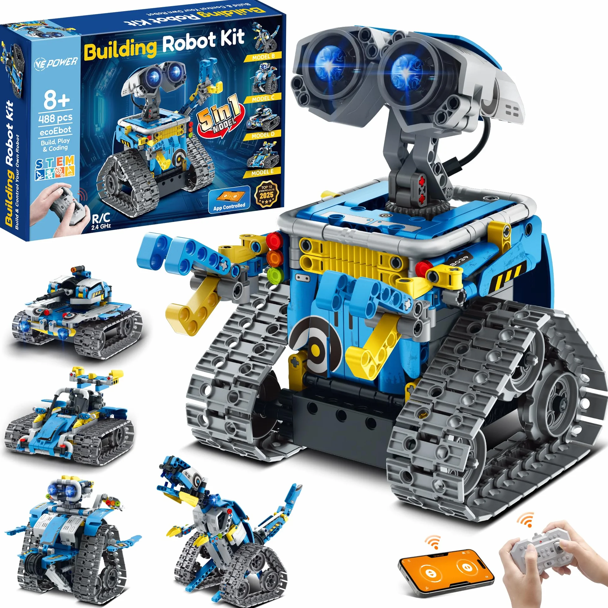 VEPOWER Technic Robot Telecomandati per Bambini,5 in 1 STEM RC Giocattoli da Costruzione con app programmabile, Regalo Educativo per Ragazzi e Ragazze Dagli 6 ai 12 anni (488 pezzi)