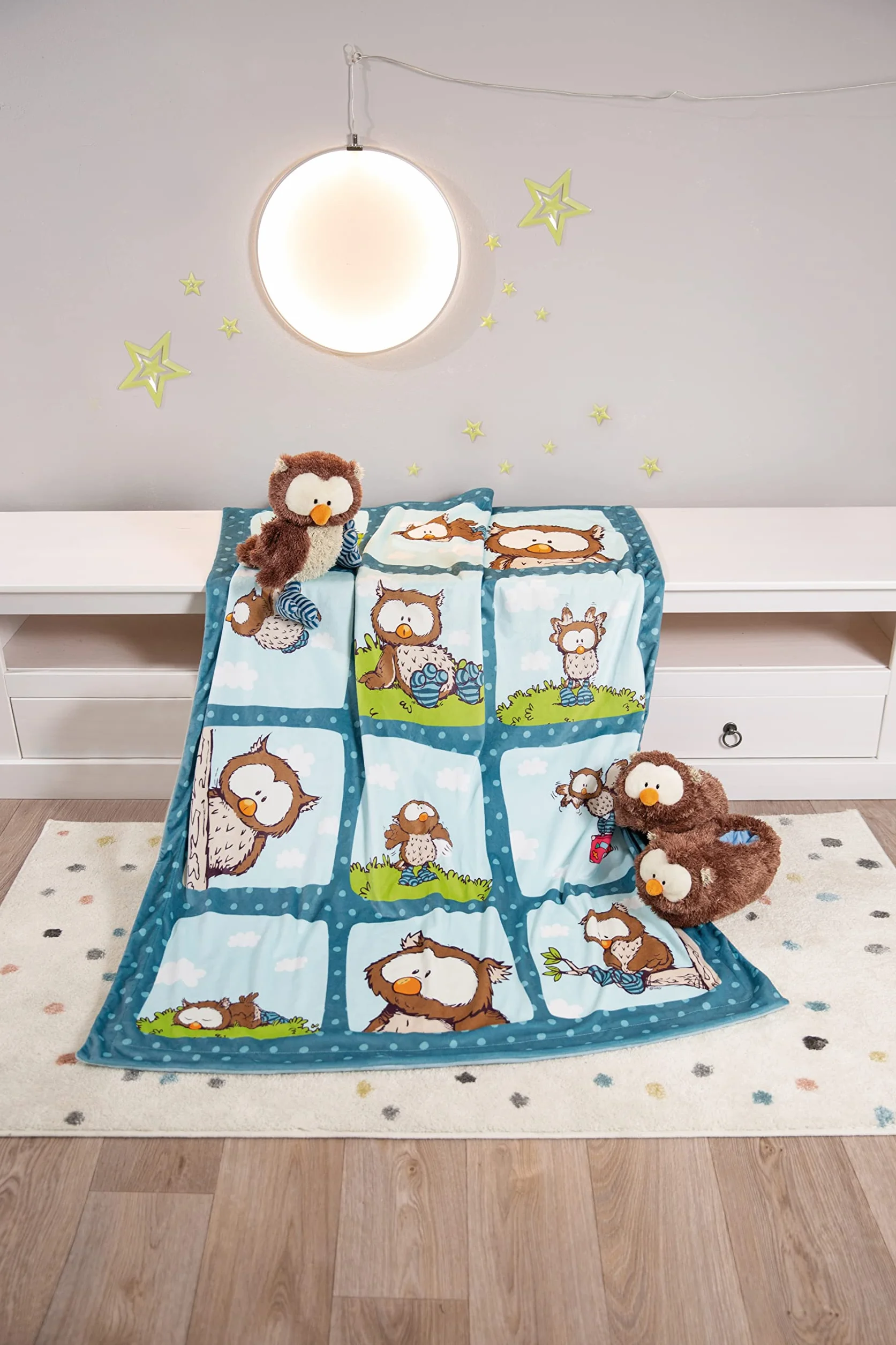 NICI- Auto Copertina Gufo Oscar 106 x 140 cm Blu Neonati Morbido Peluche-Coperta Calda Bambine, 48936